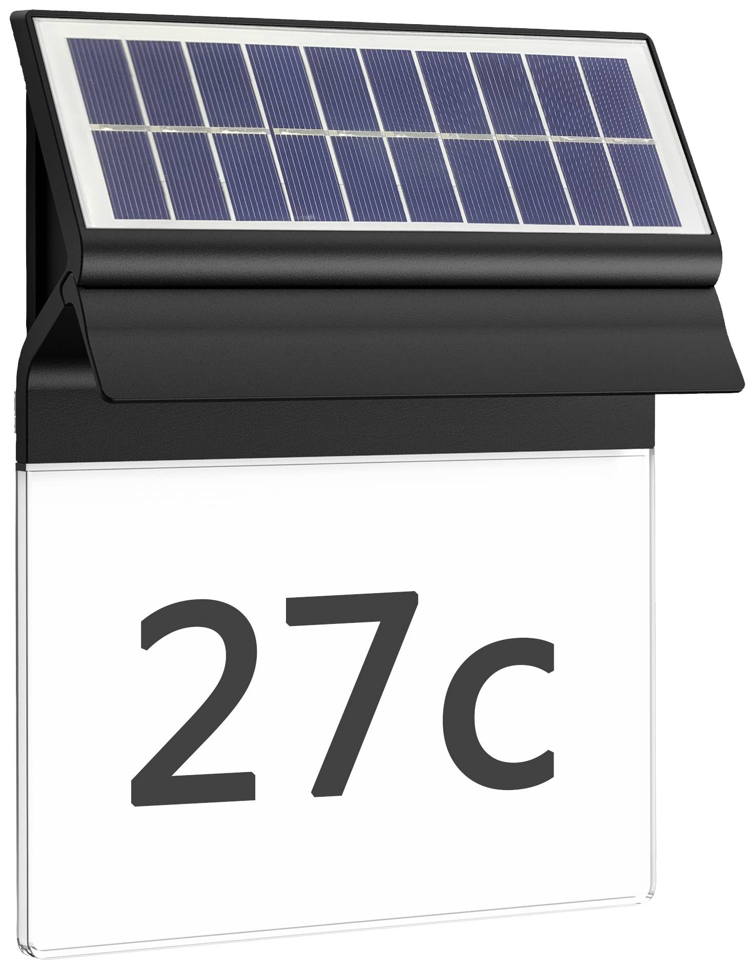 Solarna lampa sa kućnim brojem '27c' na bijeloj ploči. Gore je pričvršćen solarni panel koji služi za osvjetljenje.