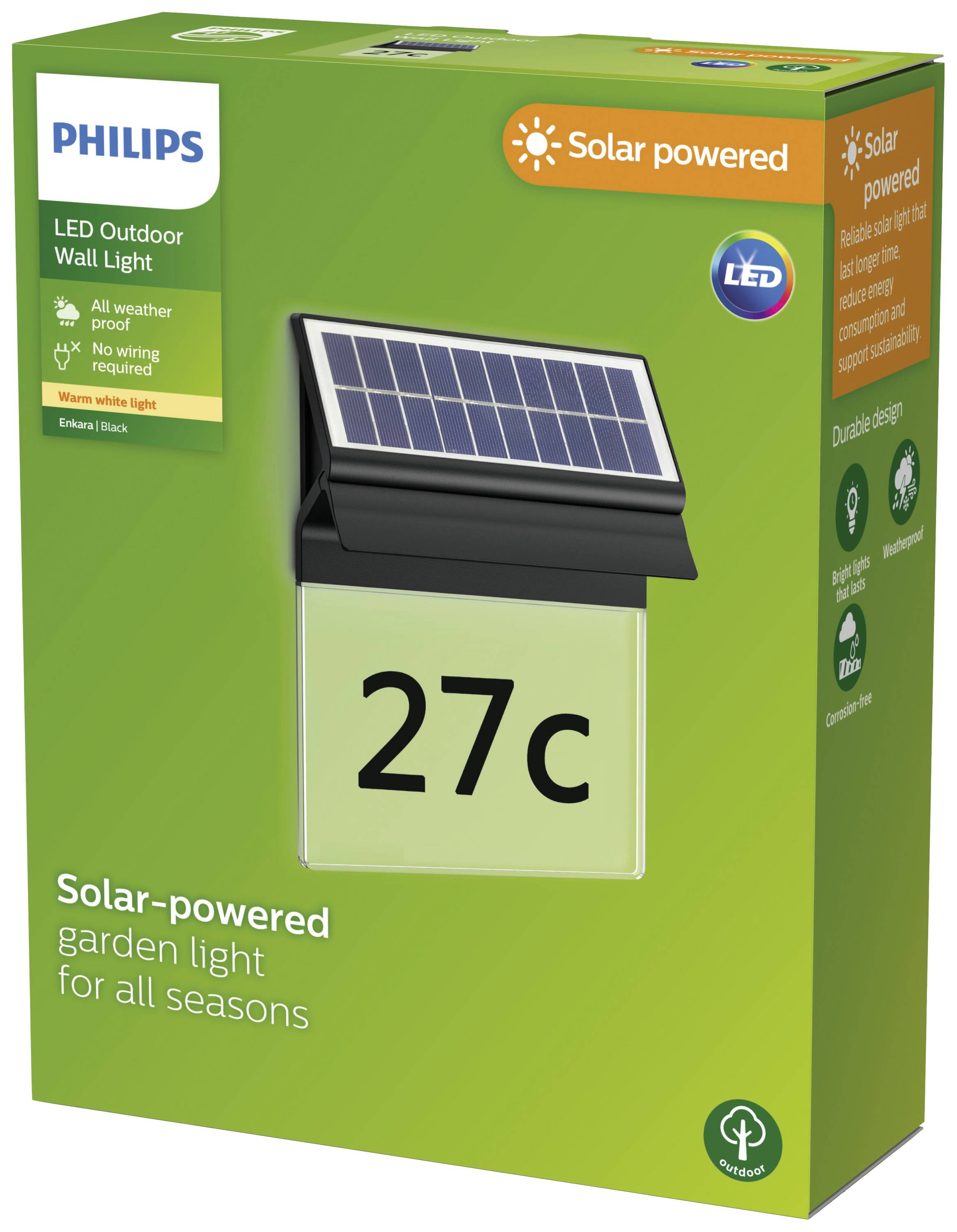 Solarni zidni vrtni reflektor tvrtke Philips, pogodan za sve godišnja doba. S solarnom ćelijom i LED-om, bez potrebe za kablovskim priključenjem.