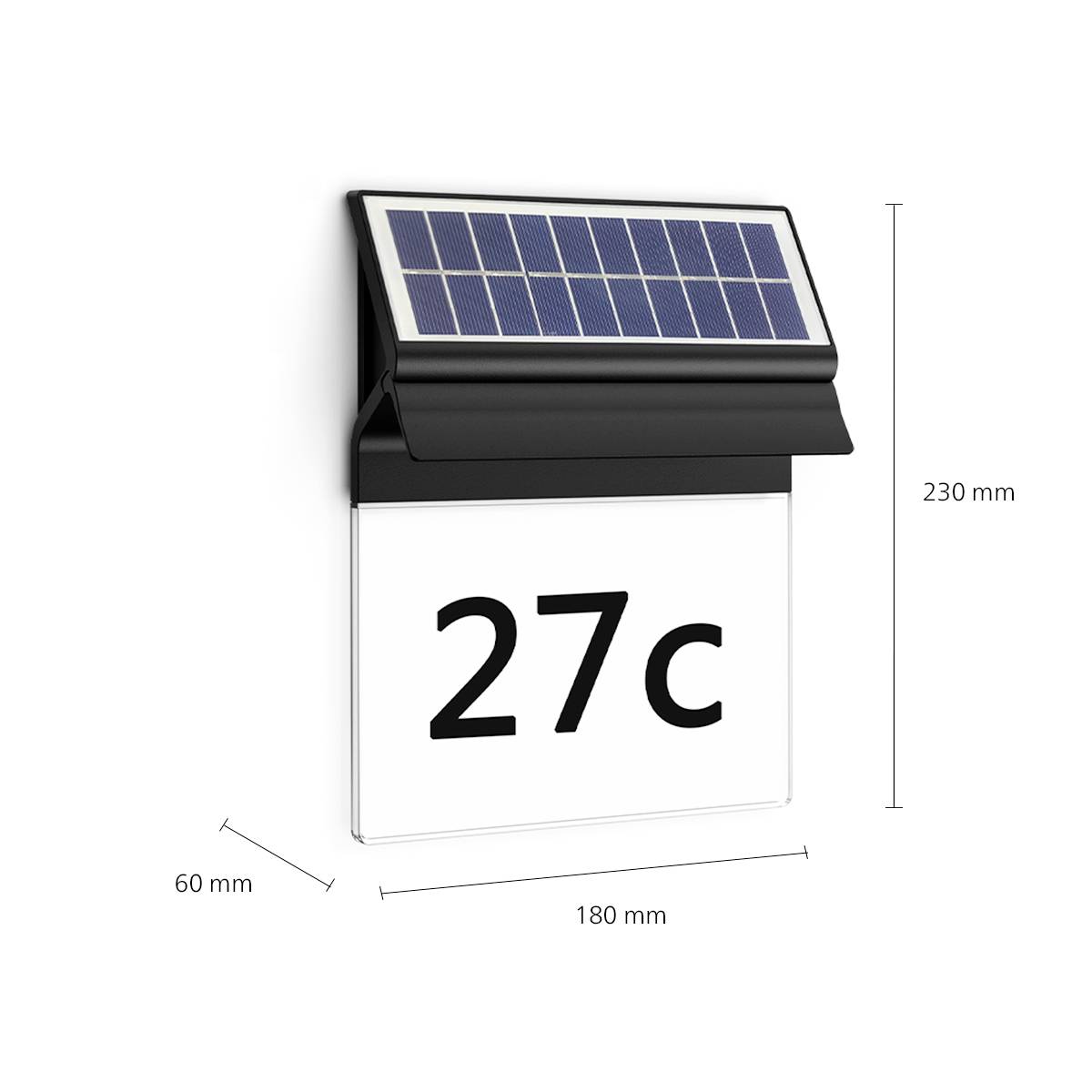 Solarna kućna lampica s osvjetljenjem. Dimenzije: 230 mm visine, 180 mm širine, 60 mm dubine. Kućni broj '27c' u crnoj boji na bijeloj podlozi.