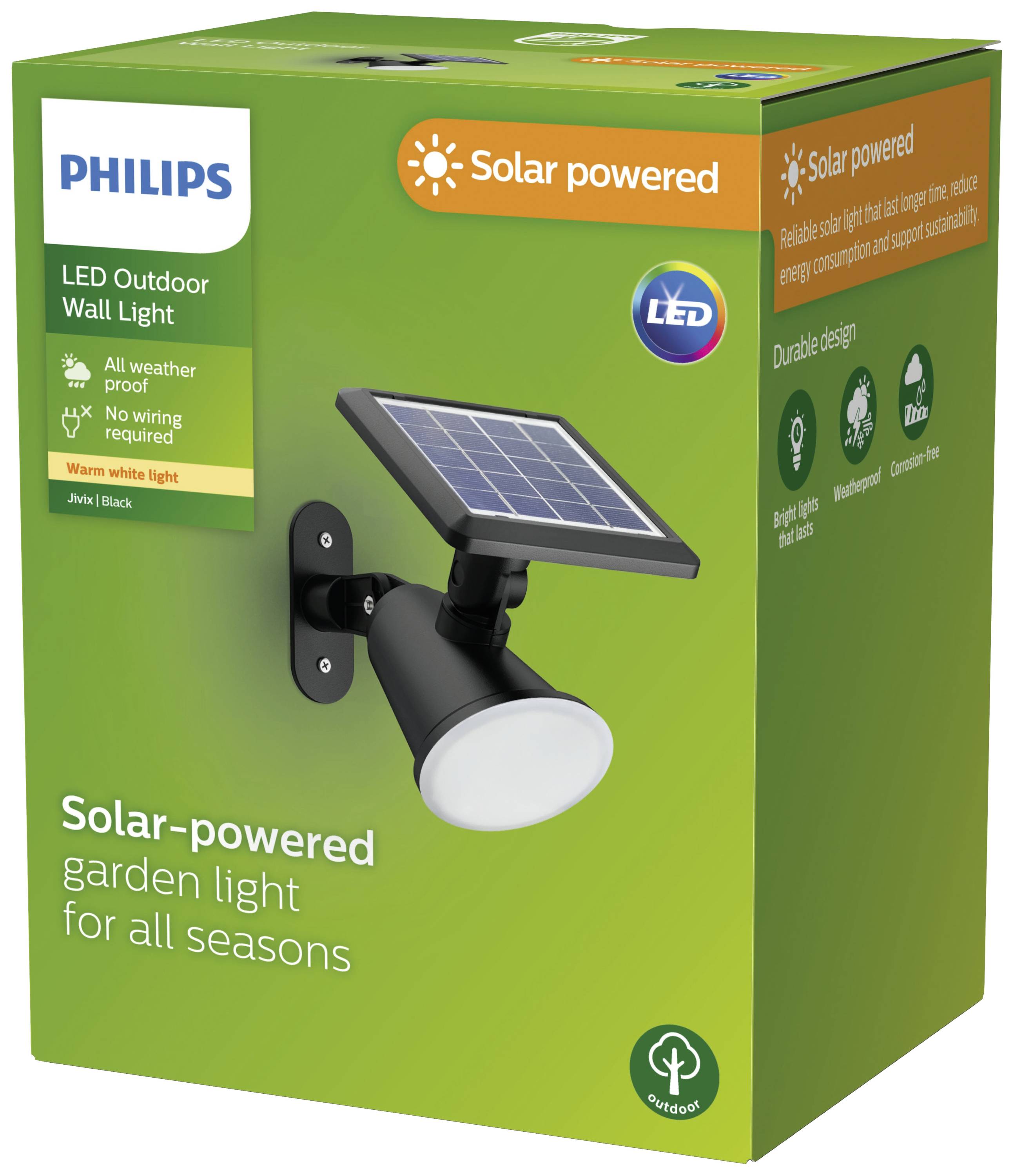 Philips LED vrtna rasvjeta na solarni pogon, otporna na vremenske uvjete, bez potrebe za kabelima, toplo bijelo svjetlo, ekološki prihvatljiva, pogodna za sve godišnja doba.