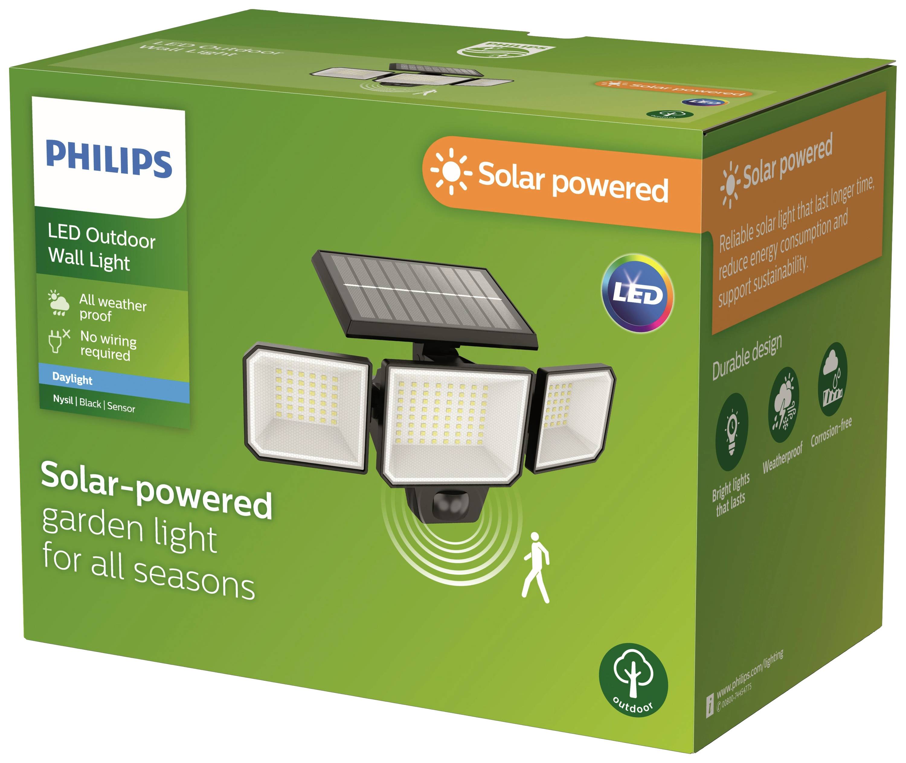 Pakirnje solarne LED vanjske zidne lampe tvrtke Philips s tri podesiva reflektora, otporne na vremenske uvjete i energetski učinkovite.