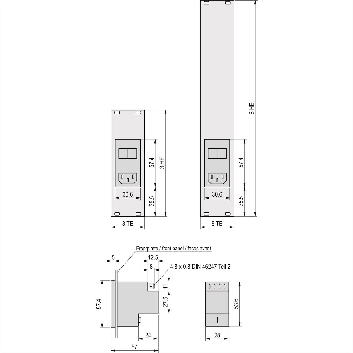 Tehnički nacrt elektroničkog komponenta s dimenzijama. Lijevo prikaz širine 8 TE, visine 3 HE. Desno uski prikaz visine 6 HE.