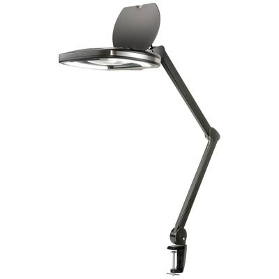 Crna stolna lampa s podesivom rukom i povećalom pričvršćenim za rub stola. Idealna za precizne radove.