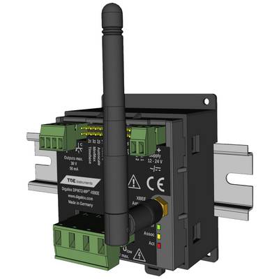 Crna elektronička naprava postavljena na šinu, s zelenim priključcima i dugom antenom, za bežičnu komunikaciju.