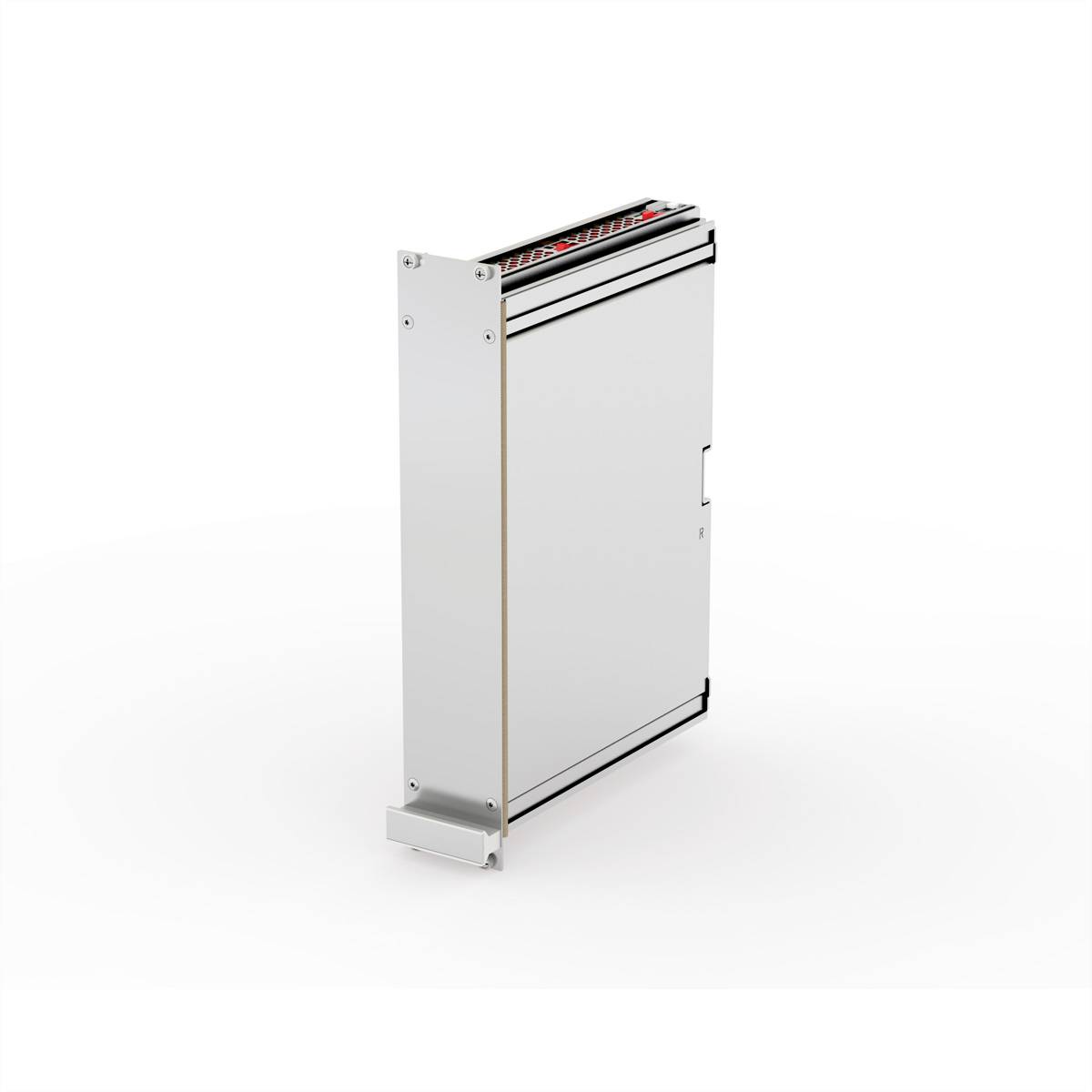 Bijeli, vertikalni serverski modul s aluminijskim okvirom i crvenim LED-lampicama na vrhu.
