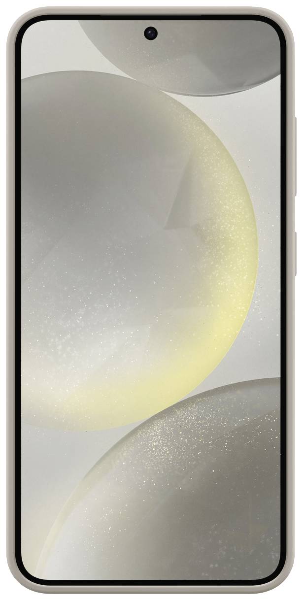 Pametni telefon s velikim zaslonom na kojem se nalaze apstraktne, sjajne kugle u nijansama sive.