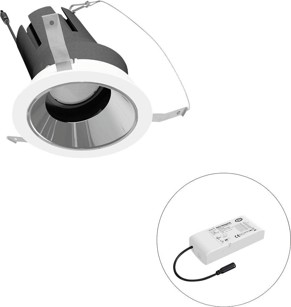 Ugradbena LED reflektorska lampa s bijelom oblogom i odvojenim napajačem prikazanom u kružnoj uvećanoj slici.