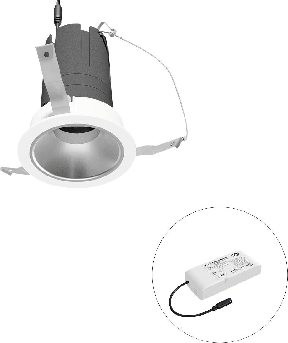Ugrađena downlight armatura s montažnim oprugama, prikazana s odvojenim modulom upravljača u umetnutom krugu.