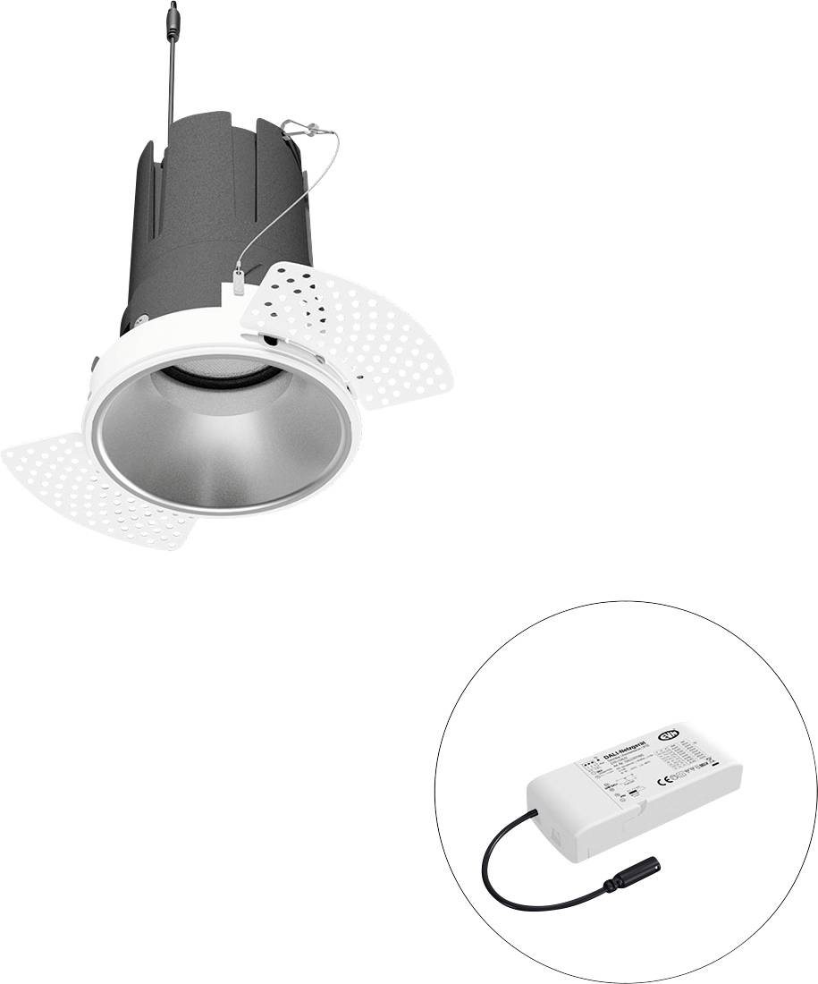 Ugrađena stropna reflektorska lampa s podesivom perforiranom okvirom, prikazana s odvojenim upravljačem/napajanjem u umetnutom krugu.