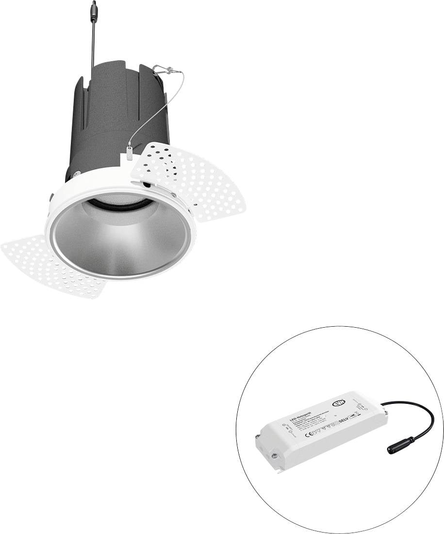 Ugrađena LED spot lampa sa oprugama za hvatanje i udaljenim drajverom prikazanom u kružnom inzetu.