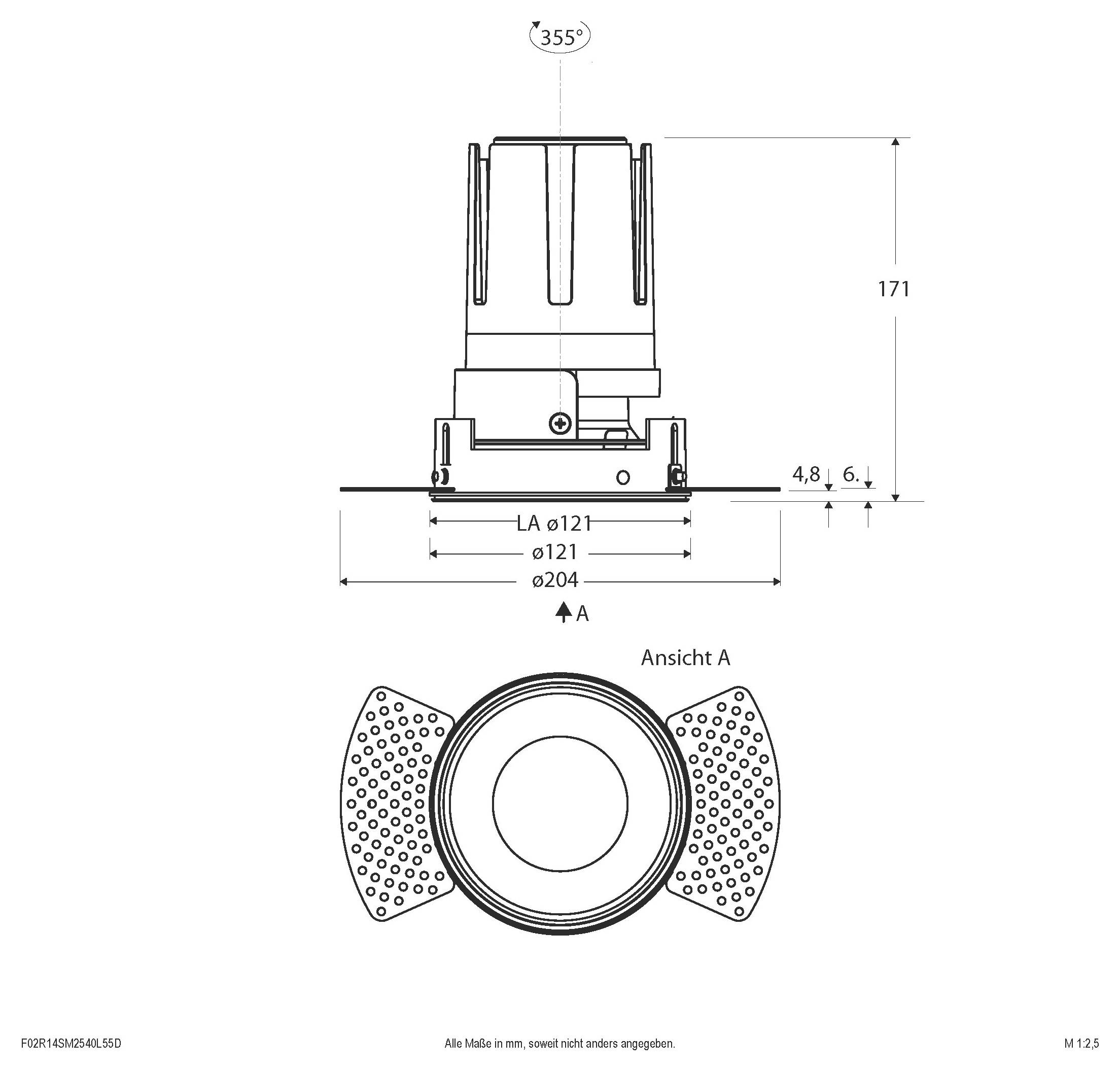 Tehnički crtež cilindričnog dijela u dva prikaza, prikazujući dimenzije visine 171, rotaciju 355°, i promjere LA ø121 i ø204, pogled 'Ansicht A' s perforiranim bočnim prirubnicama.