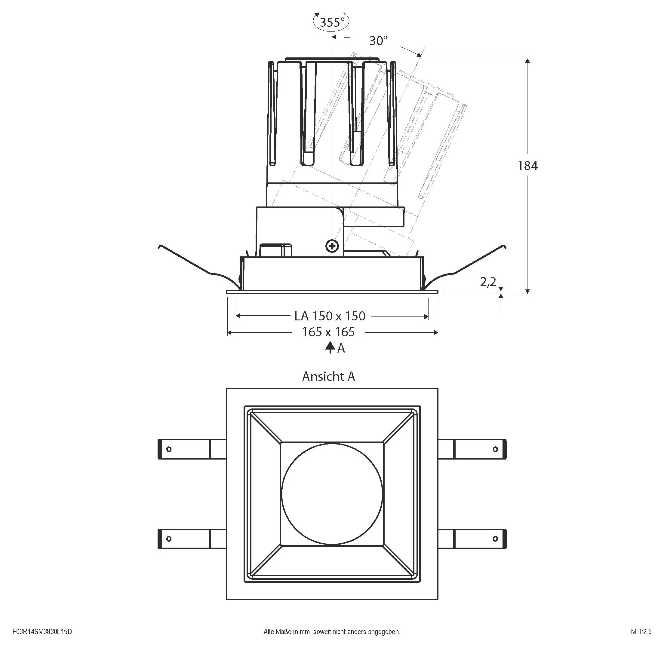 Tehnički crtež kvadratnog ventila ili montaže ventilatora, prikazujući bočni i gornji pogled s dimenzijama 150 x 150, 165 x 165, visina 184 i kutovi nagiba 355°/30°.