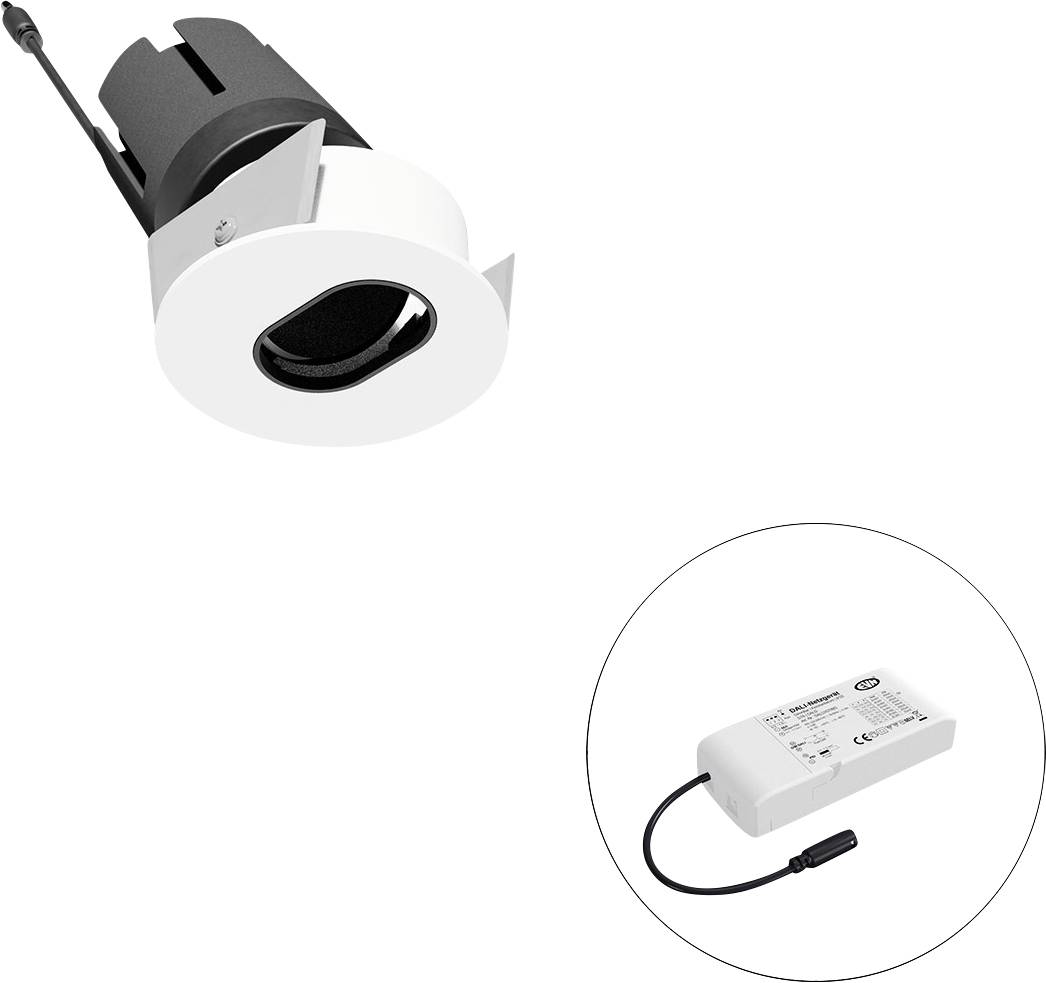 Bijela ugradbena LED rasvjeta s priloženim drajverom prikazana u umetnutom krugu.