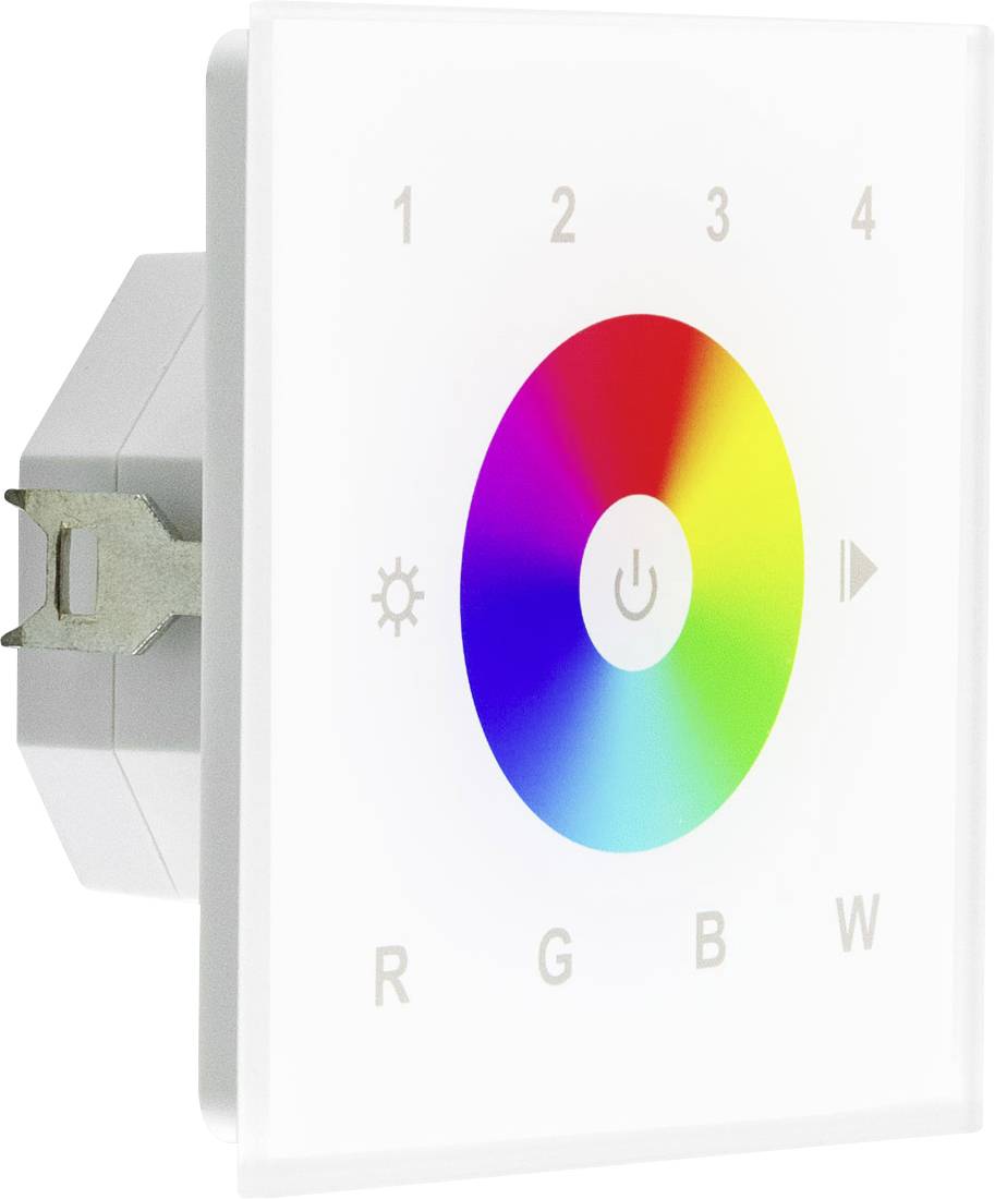 Zidni touchscreen LEDlight dimmer s kotačem boja, gumbom za napajanje i oznakama 1-4 i R G B W.