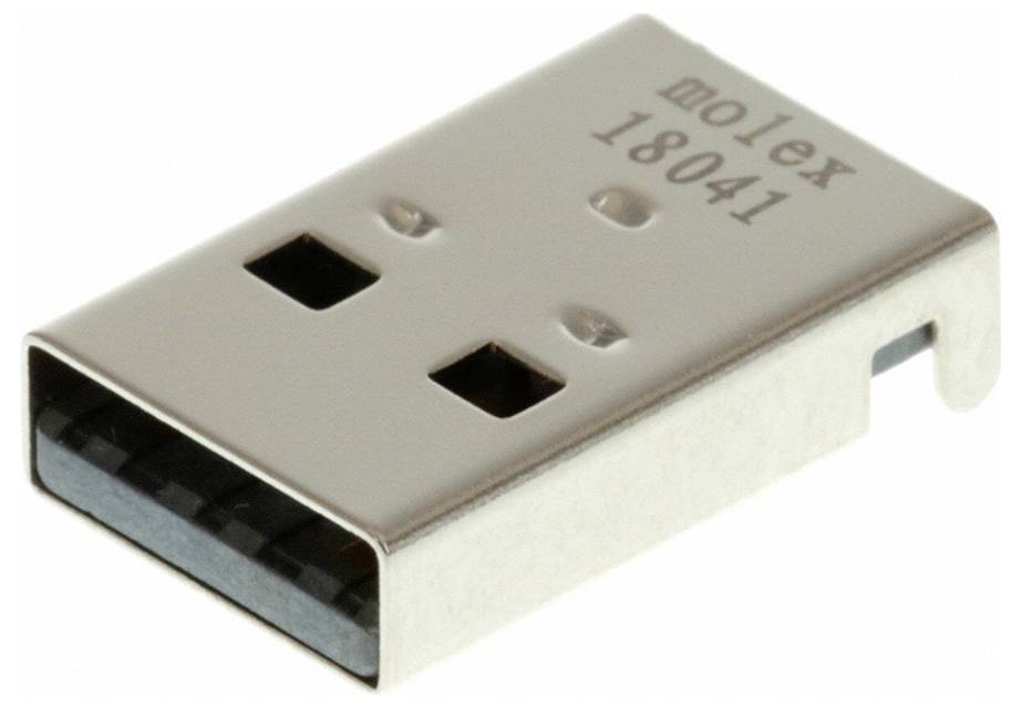 Detaljni snimak USB Type-A konektora s tekstom 'molex 18041' graviranim na njemu.