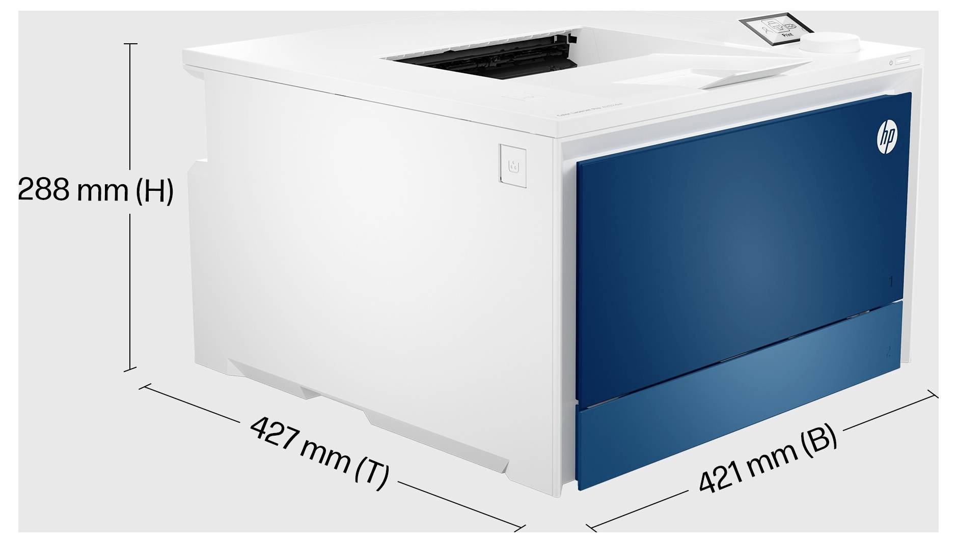 HP pisač prikazan s označenim dimenzijama: 288 mm u visini, 427 mm u dubini i 421 mm u širini.
