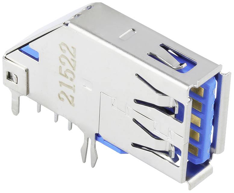 Srebrni USB priključak s plavom unutarnjom stranom i nekoliko metalnih pinova, pogledan sa strane.