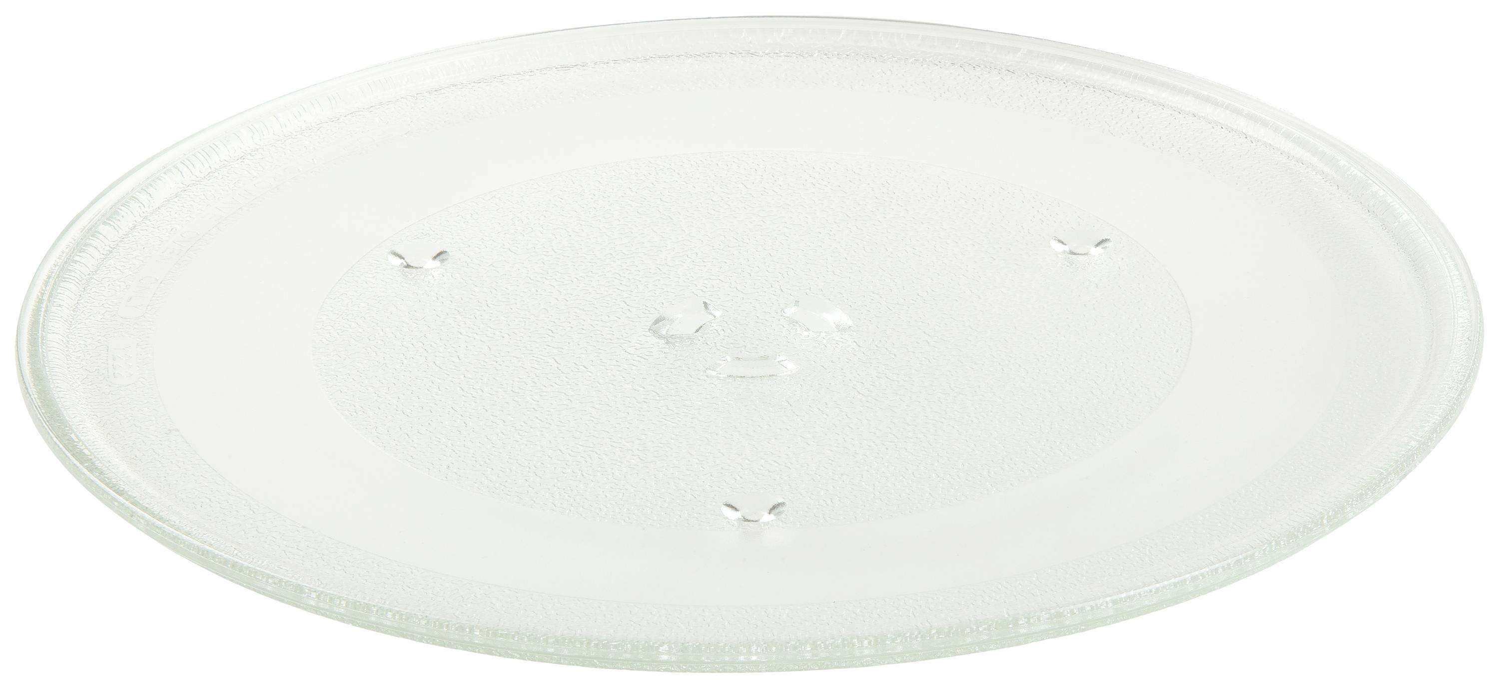 Okrugli stakleni okretni tanjur za mikrovalne pećnice, gladak i proziran, s blago povišenim rubom i nekoliko potpornih izbočina u sredini.