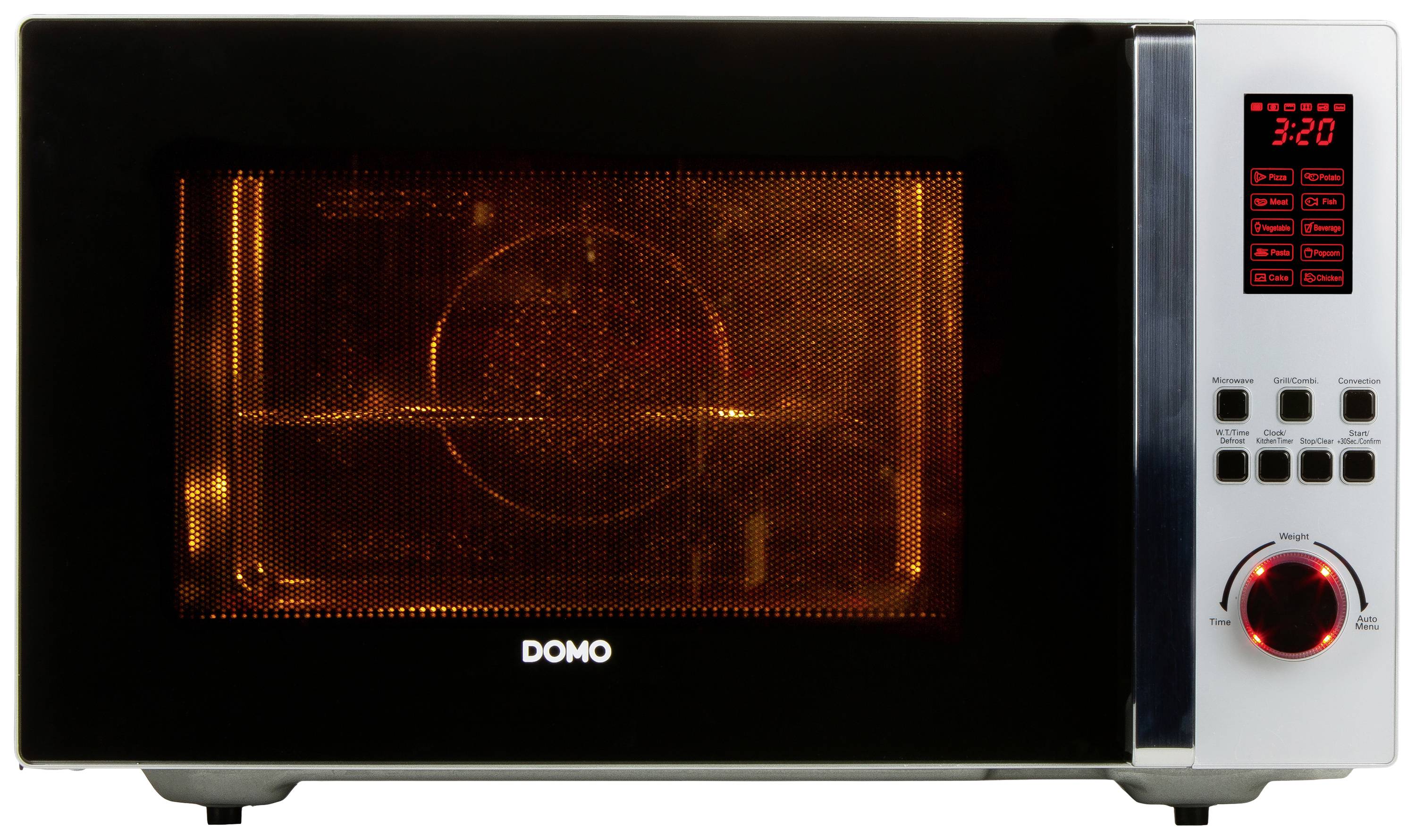 Crna mikrovalna pećnica s digitalnim upravljačkim panelom desno. Vremenski display prikazuje 3:20. Prozorčić mikrovalne osvjetljen narančastim svjetlom.