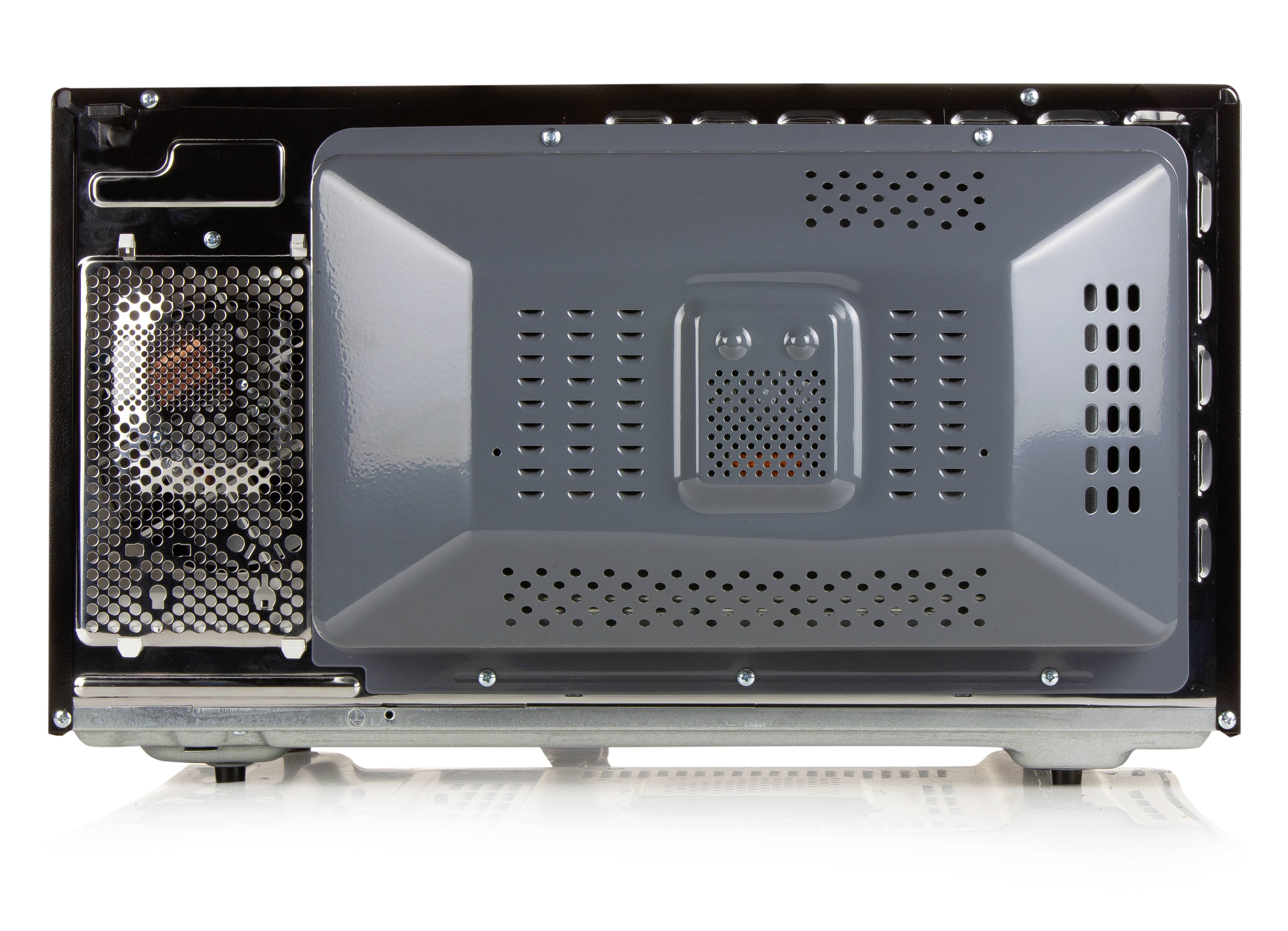 Pogled straga na mikrovalnoj pećnici s vidljivim ventilacijskim prorězima i priključnim područjem.