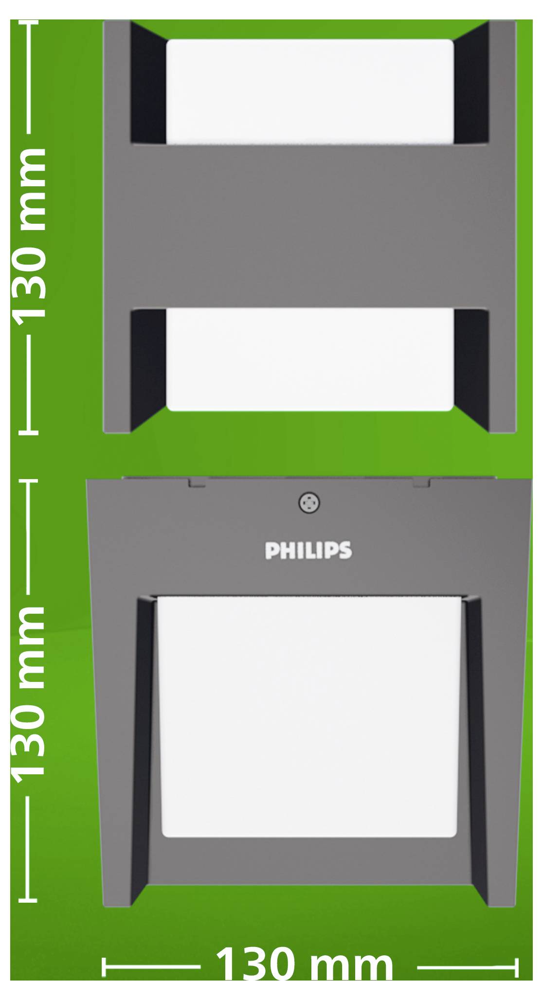 Dijagram Philips sive zidne rasvjetne tjelesne prikazane u prednjim i bočnim pogledima na zelenoj pozadini, sa označenim dimenzijama od 130 mm do 130 mm.