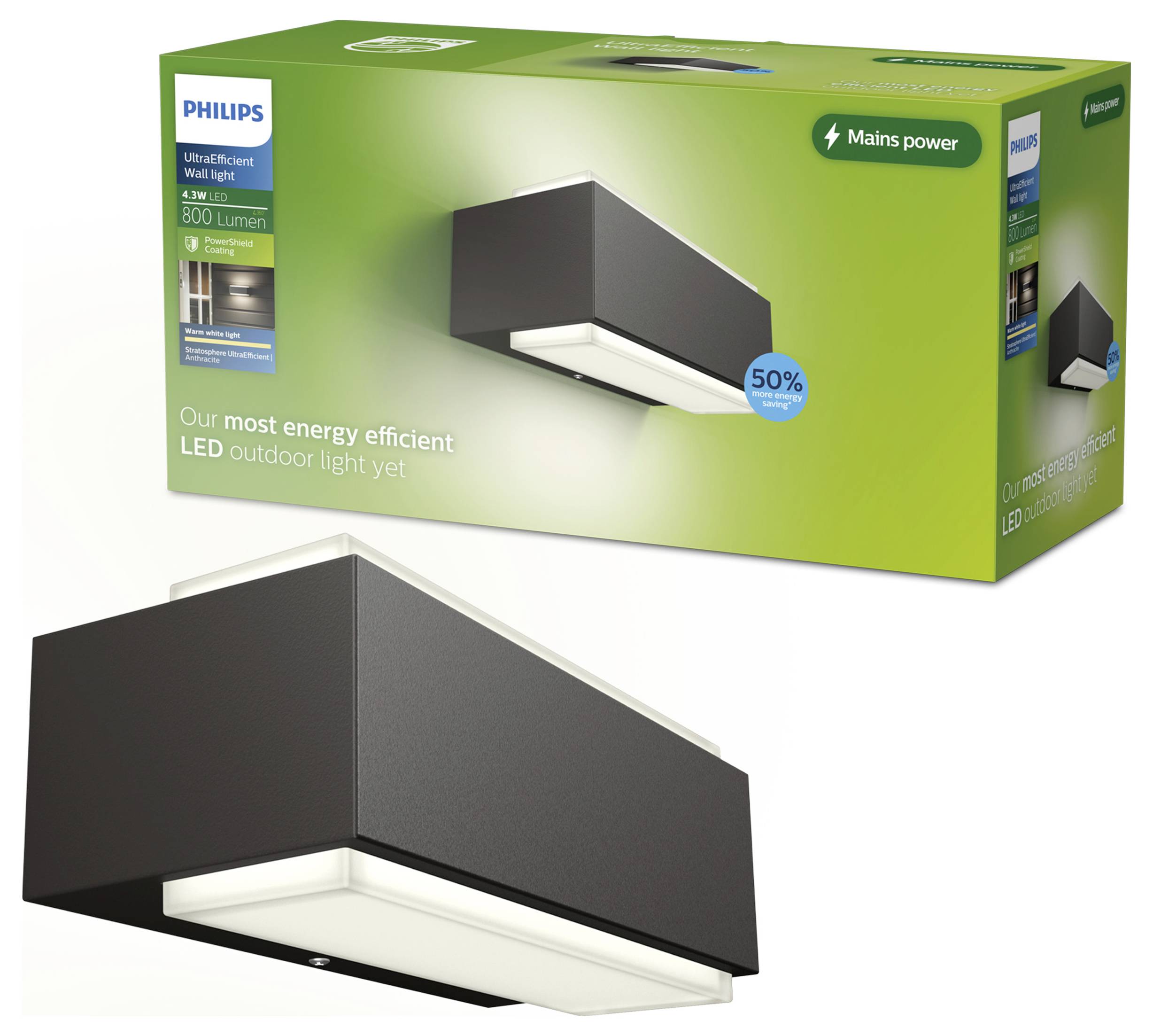 Philips UltraEfficient zidna LED svjetiljka za vanjsku upotrebu, pakiranja i slika proizvoda, crni pravokutni raspored na zelenoj kutiji s oznakama 'Napajanje iz mreže' i '50%'