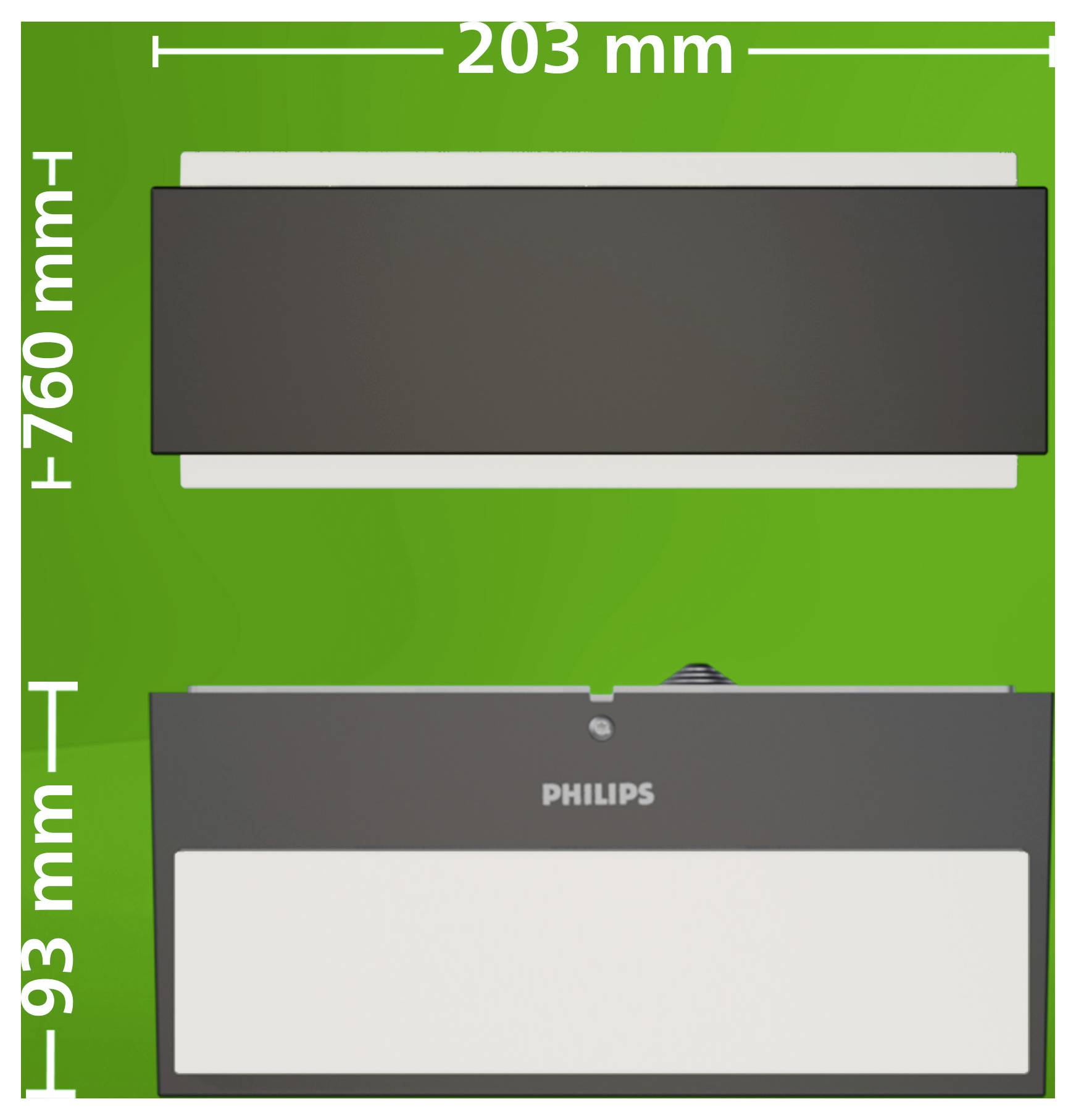Prednje i stražnje views Philipsnog pravokutnog zidnog svjetla, označenog sa 203 mm širine, 760 mm visine i 93 mm dubine.