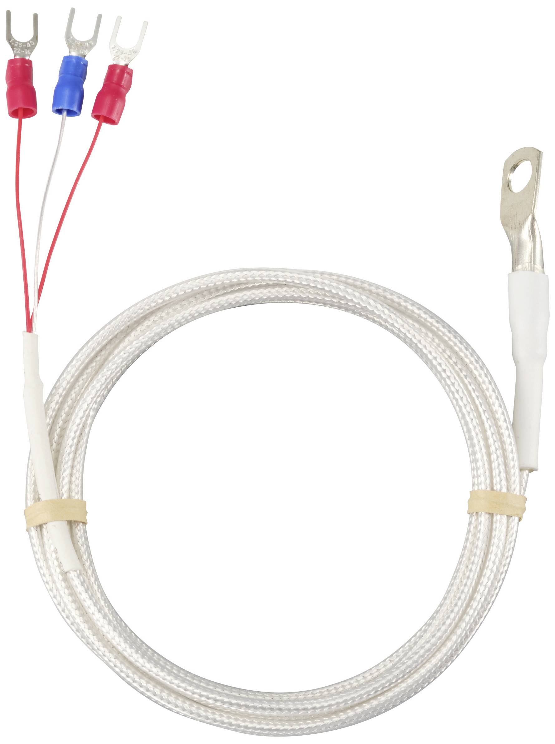 Bijeli, isprepleteni kabel s metalnim priključkom na jednom kraju i tri obojana kabela (crveni, plavi, crveni) s viljuškastim priključcima.