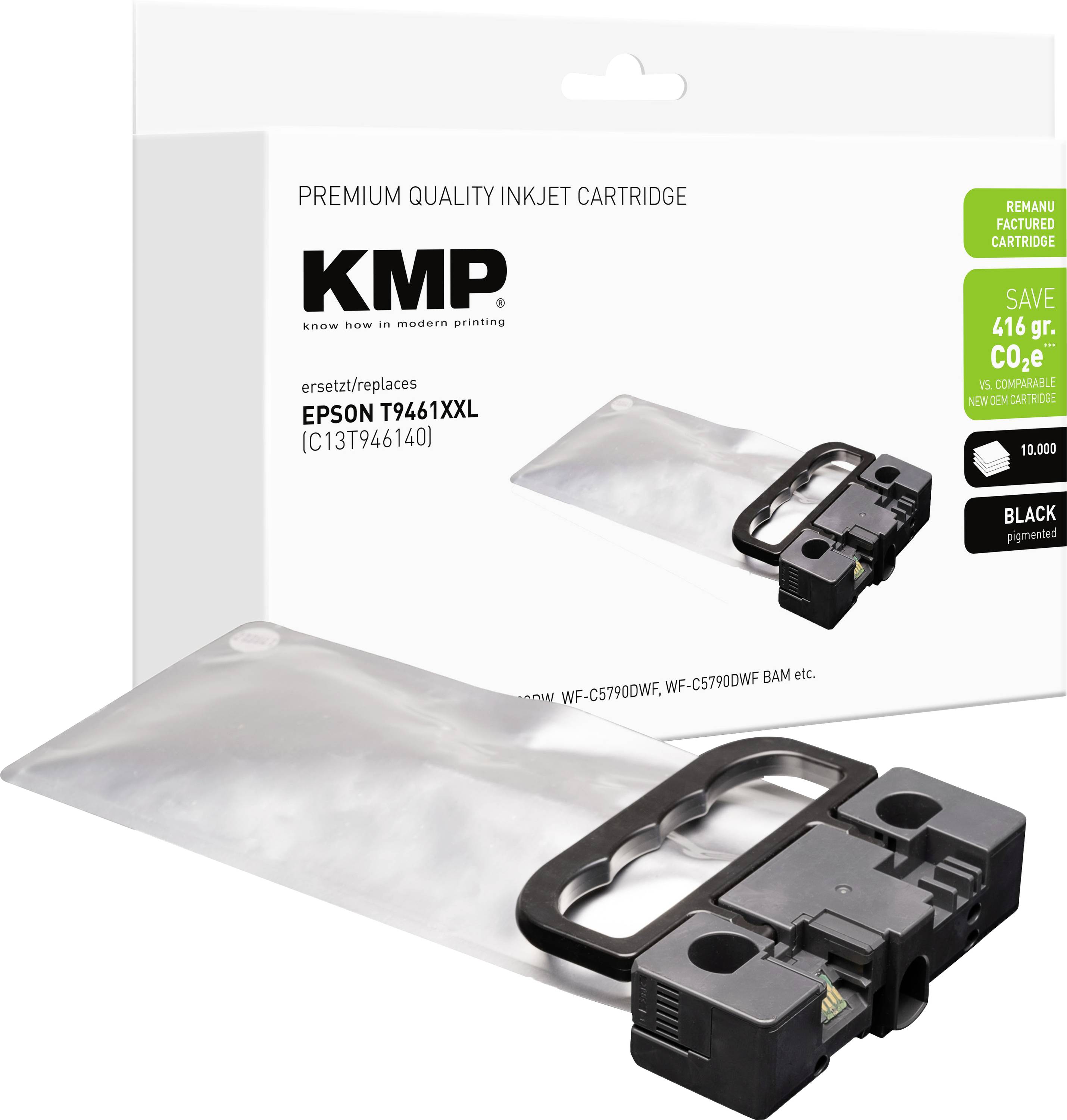 Pakovanje KMP premium kvalitete tintne kasete za Epson T9461XXL crnu pigmentnu boju, prikazujući kasetу i vrećicu za punjenje sa značkama uštede.