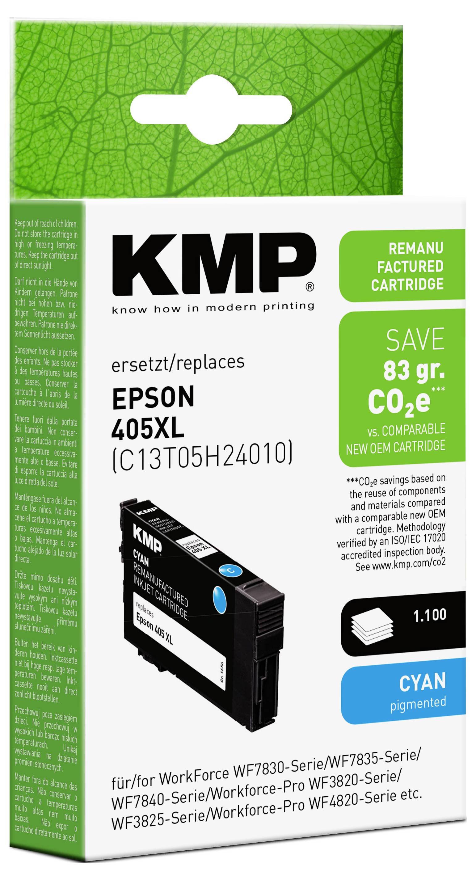 Kutija KMP zamjenske tinte za Epson 405XL, cijan, s oznakama 'regenerirana patnica' i 'ušteda 83 g CO2e'.