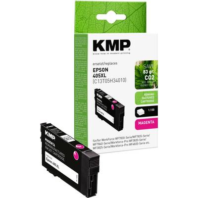 Tinta patrona pakirana je sa oznakama 'KMP', 'Epson 405XL Magenta', 'renovirana patrona' i 'Ušteda 83g CO2'. Za Epson pisače.