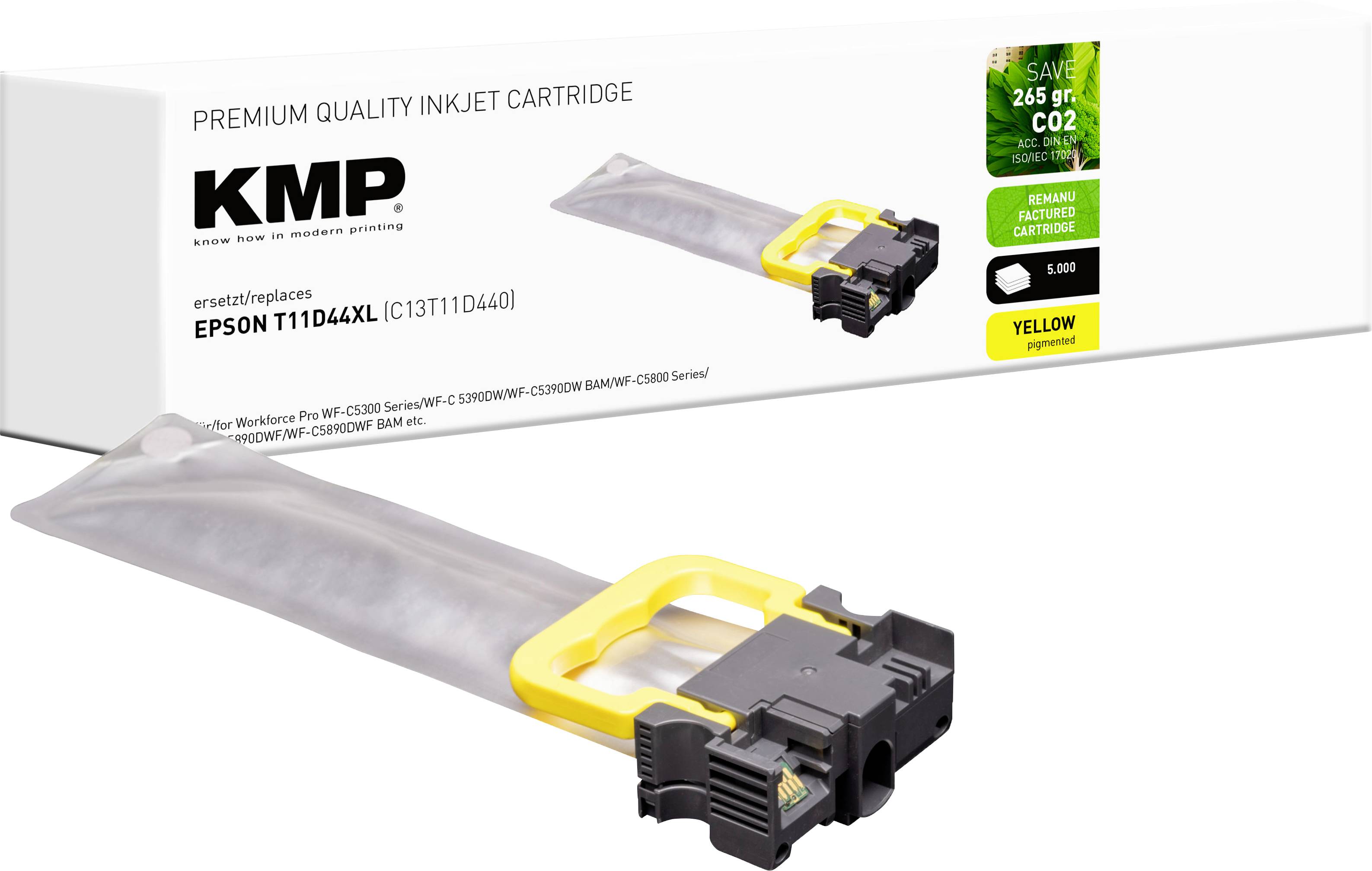 Kutija s tekstom 'Premium Quality Inkjet Cartridge', prikazuje žuti tintni spremnik. Kompatibilan s Epson uređajima, ekološki prihvatljiv i dugotrajан.