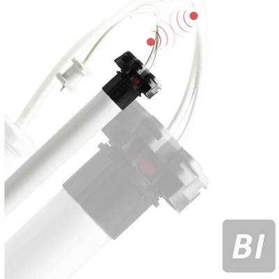 Dva prozirna cijevi s crnim ventilima; crvene valovite linije prikazuju protok tekućine. Logotip marke 'BI' nalazi se dolje desno.