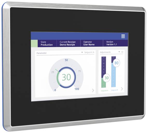 Industrijski zaslon na dodir prikazuje status proizvodnje, trenutne postavke i informacije za rukovanje. Sadrži dijagram s vrijednošću od 30.