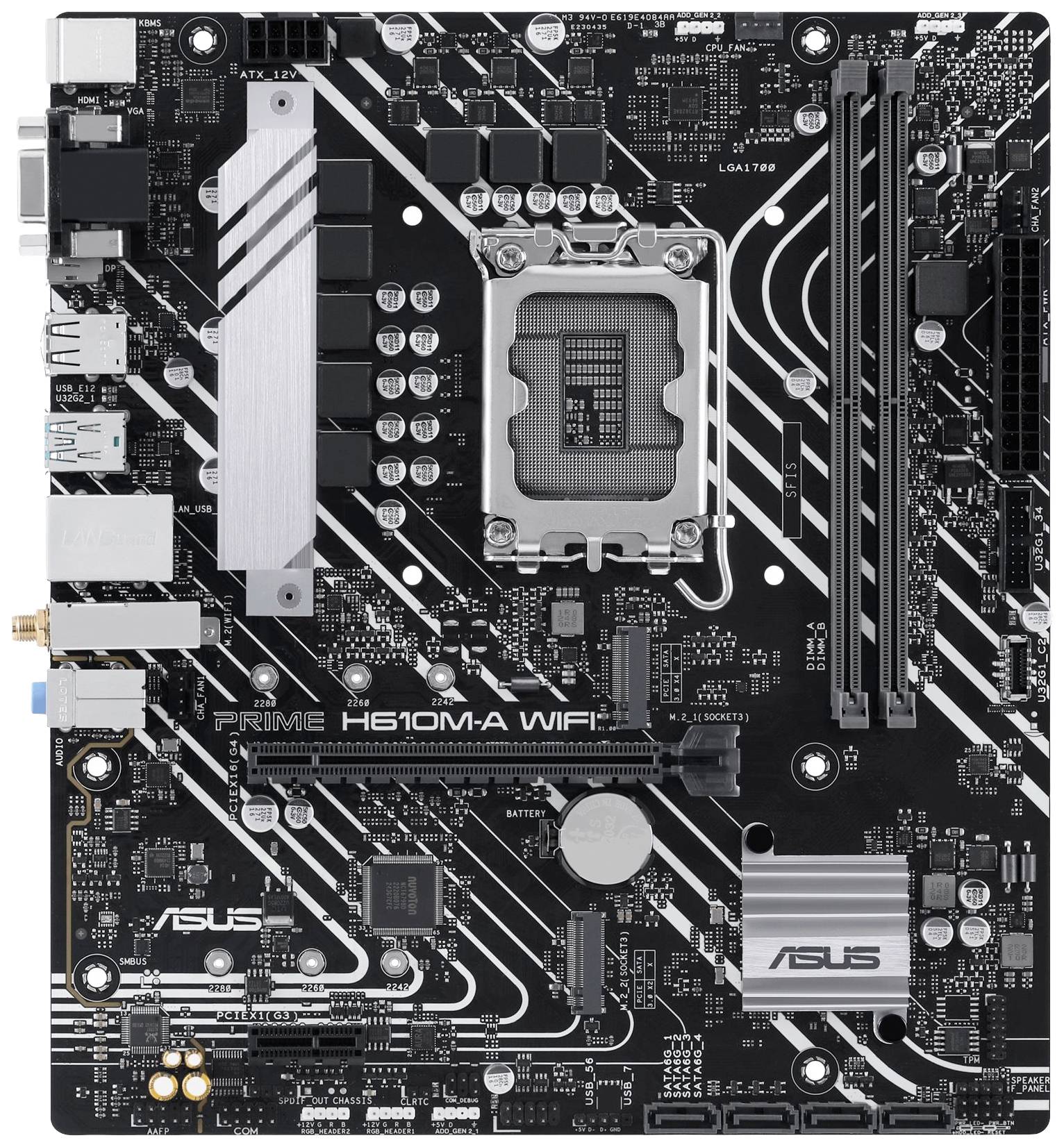 Računalna matična ploča s različitim utorima, priključcima i CPUSocketom u sredini. Model: 'PRIME H610M-A WIFI'.