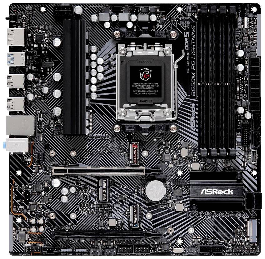 'B550M Pro4' matična ploča s raznim priključcima i utorima za CPU, RAM i druge komponente. Oznake prikazuju različite specifikacije.