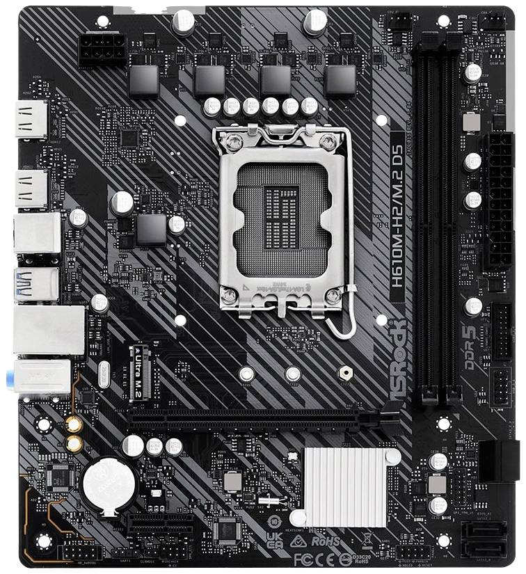 Crna računalna matična ploča s različitim priključcima, čipovima i CPU utičnicom u sredini, model ASRock H610M-HDV/M.2 D5.