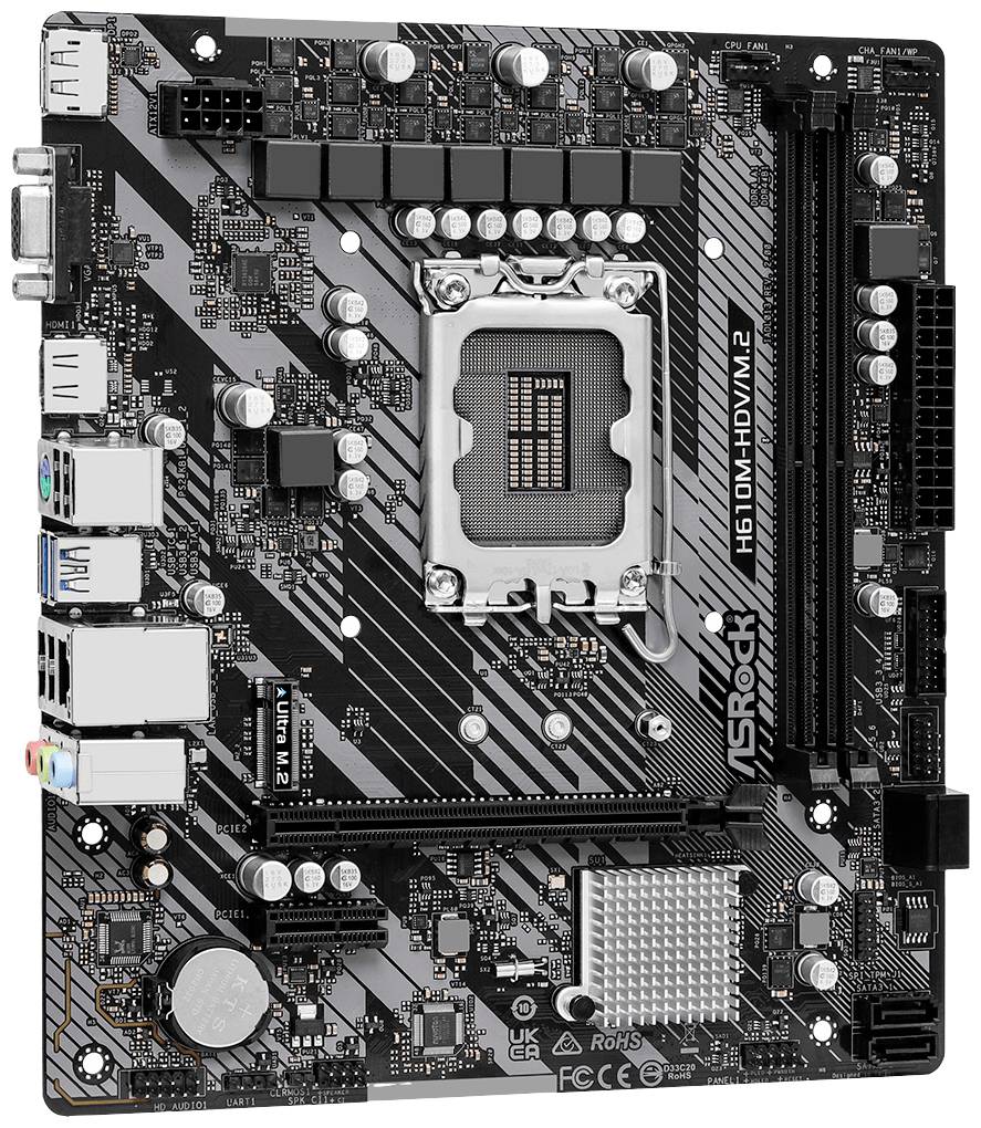 ASRock H610M-HDV/M.2 matična ploča prikazuje priključke i utore za CPU, RAM, PCIe i druge komponente.