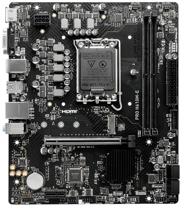 Matična ploča za računalo, prikazuje razne priključke i komponente. Centralno se nalazi CPU-utičnica, a na samoj pločici nalaze se HDMI i USB priključci.