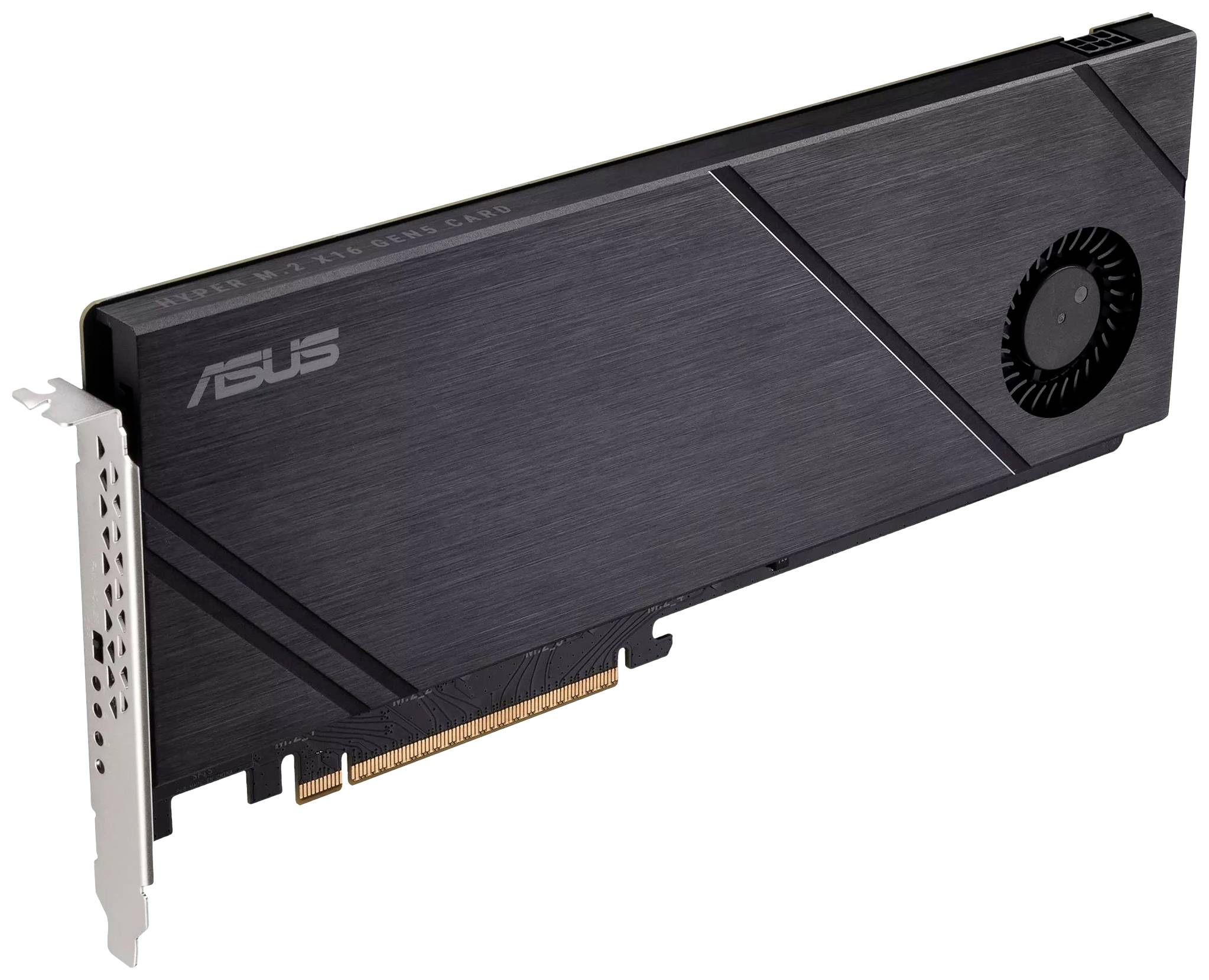 Tanka crna grafička kartica Asus-a s integriranim ventilatorom i PCIe priključkom. Pogodna za uske kućišta.