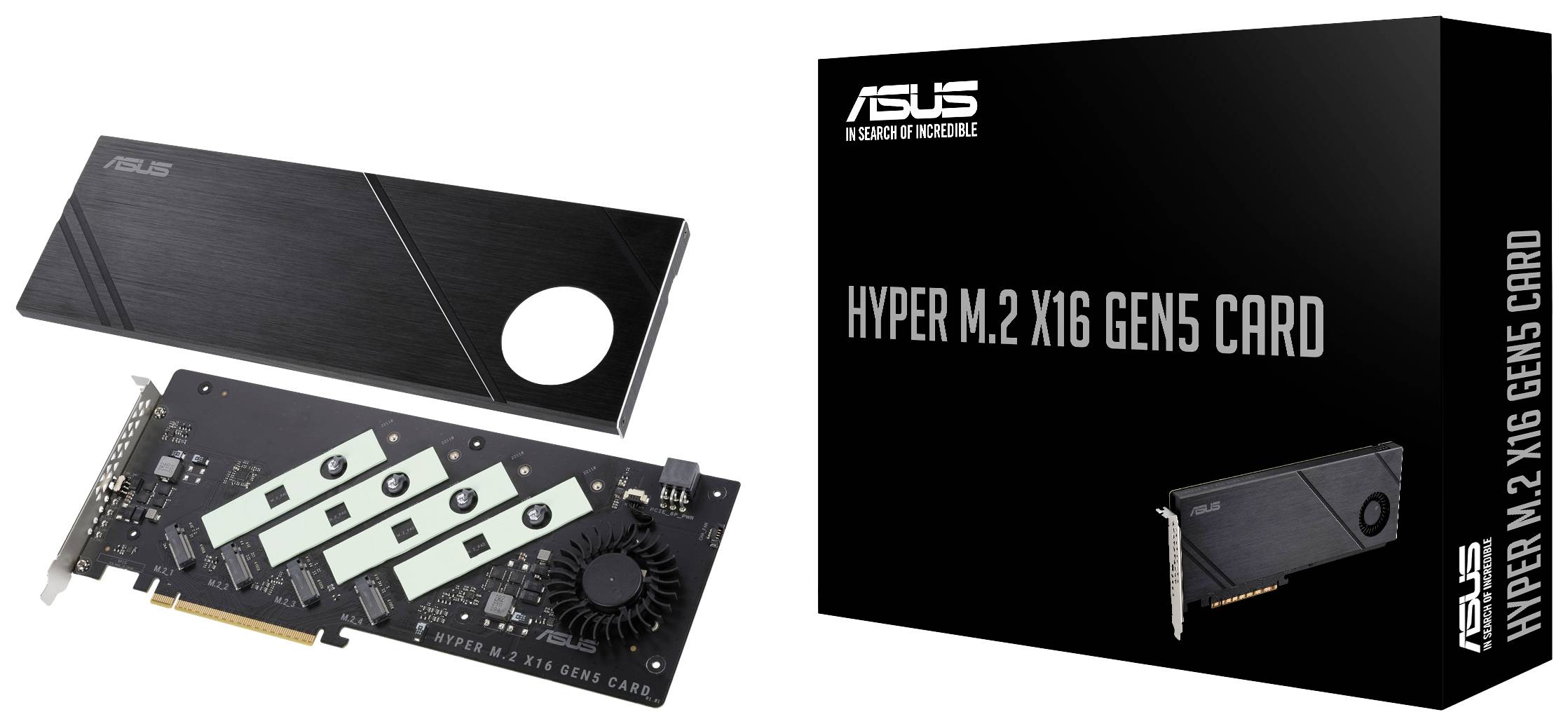 Ambalaža i prikaz kartice 'ASUS Hyper M.2 x16 Gen5 Card'. Kartica ima četiri M.2 utora i sustav hlađenja za proširenje pohrane.