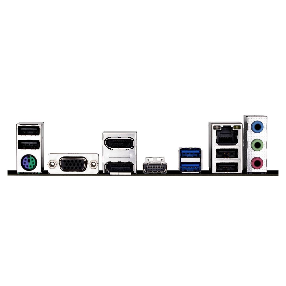 Pogled straga na računalnoj matičnoj ploči s različitim priključcima: USB, VGA, HDMI, DisplayPort, Ethernet i audio utičnice.