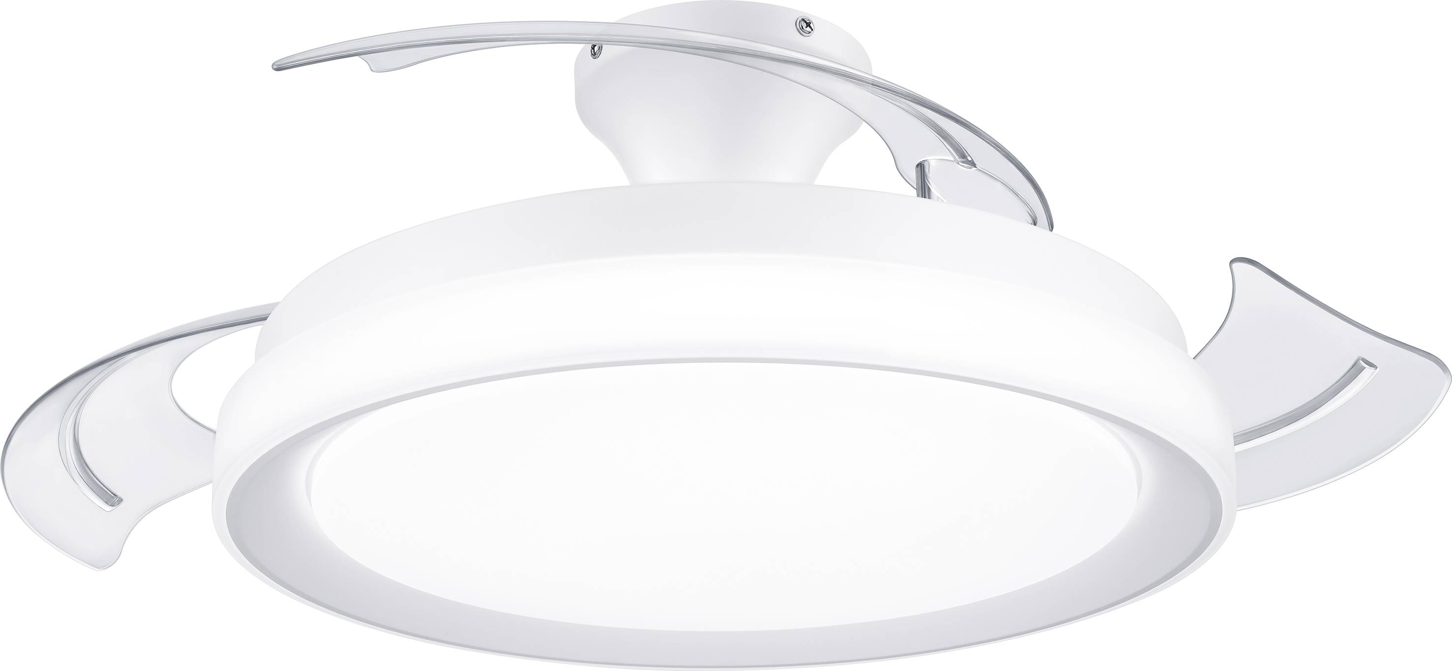 Bijela stropna lampa s prozirnim krilima koja se šire. Moderan dizajn za stilsko osvjetljenje prostora.