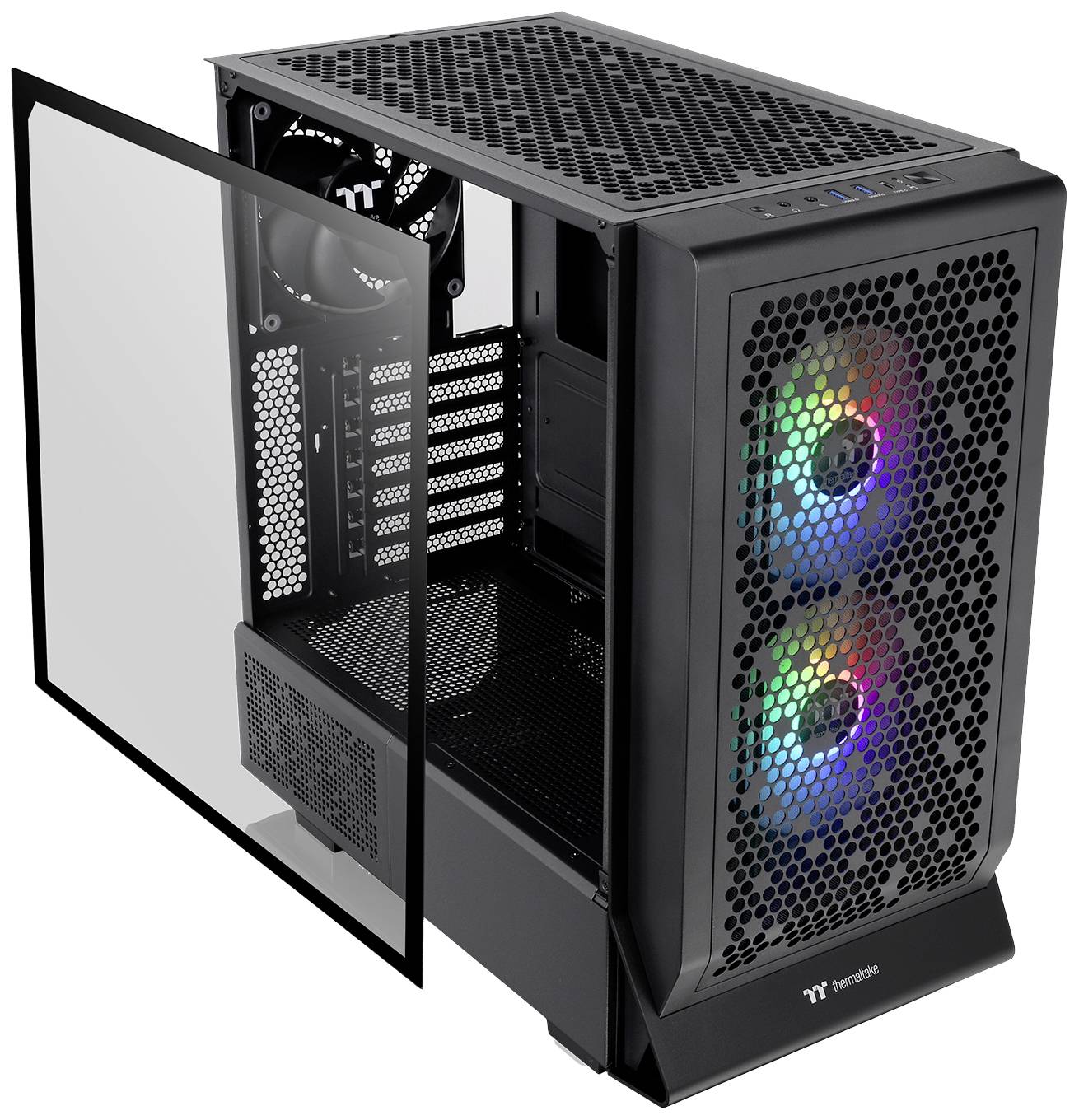 Računalno kućište s otvorenom bočnom stranom, prikazuje dva osvjetljena ventilatora s RGB osvjetljenjem sprijeda i proširivom unutarnjom strukturom.