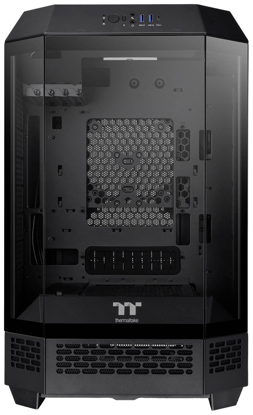 Crno-prozirno kućište za računalo tvrtke Thermaltake s prozorskim otvorom, USB priključcima na vrhu, pogodno za gaming računala ili radne stanice.