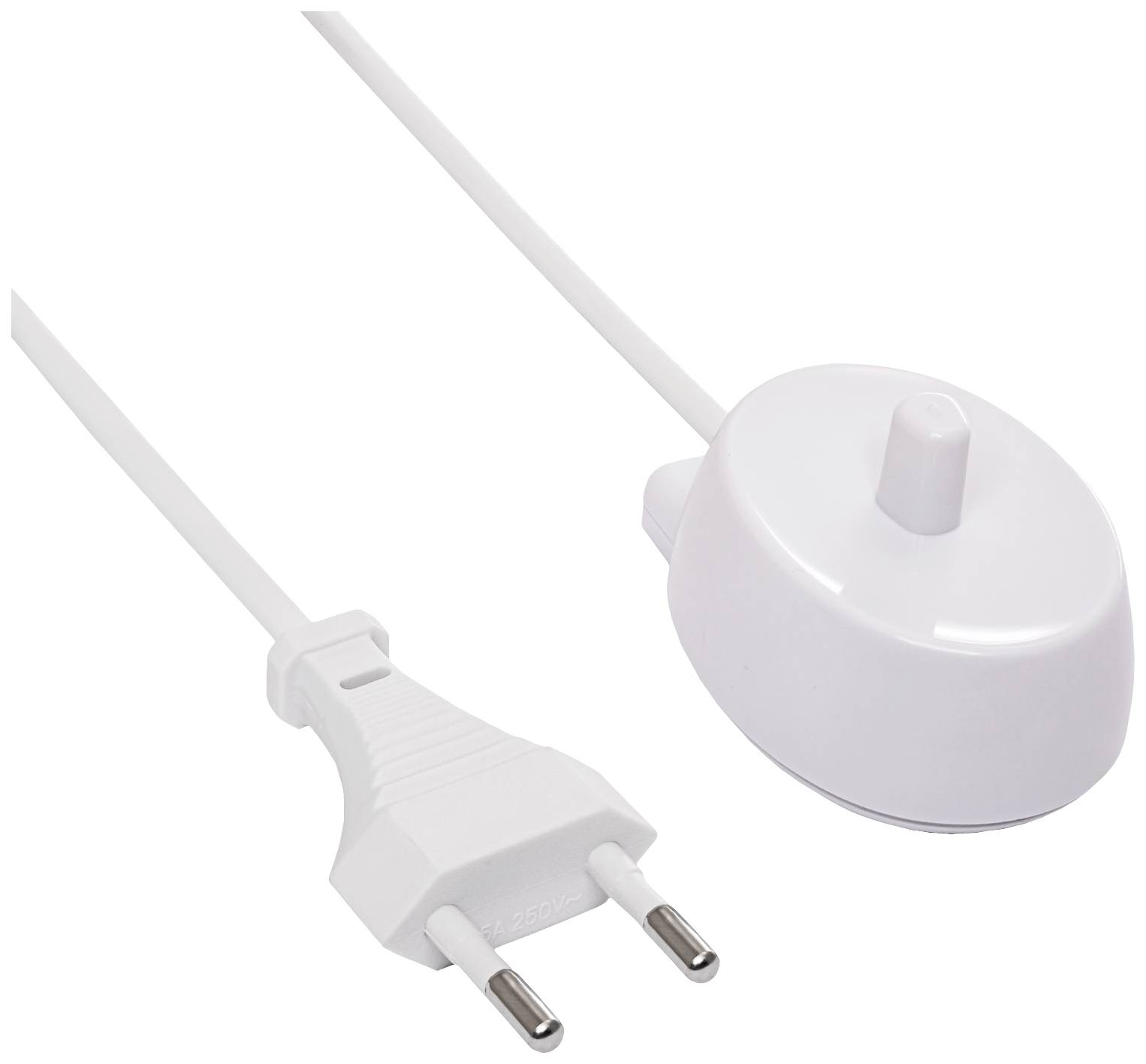 Bijeli mrežni kabel s EU utikačem na jednom kraju i okruglim adapterom na drugom kraju.