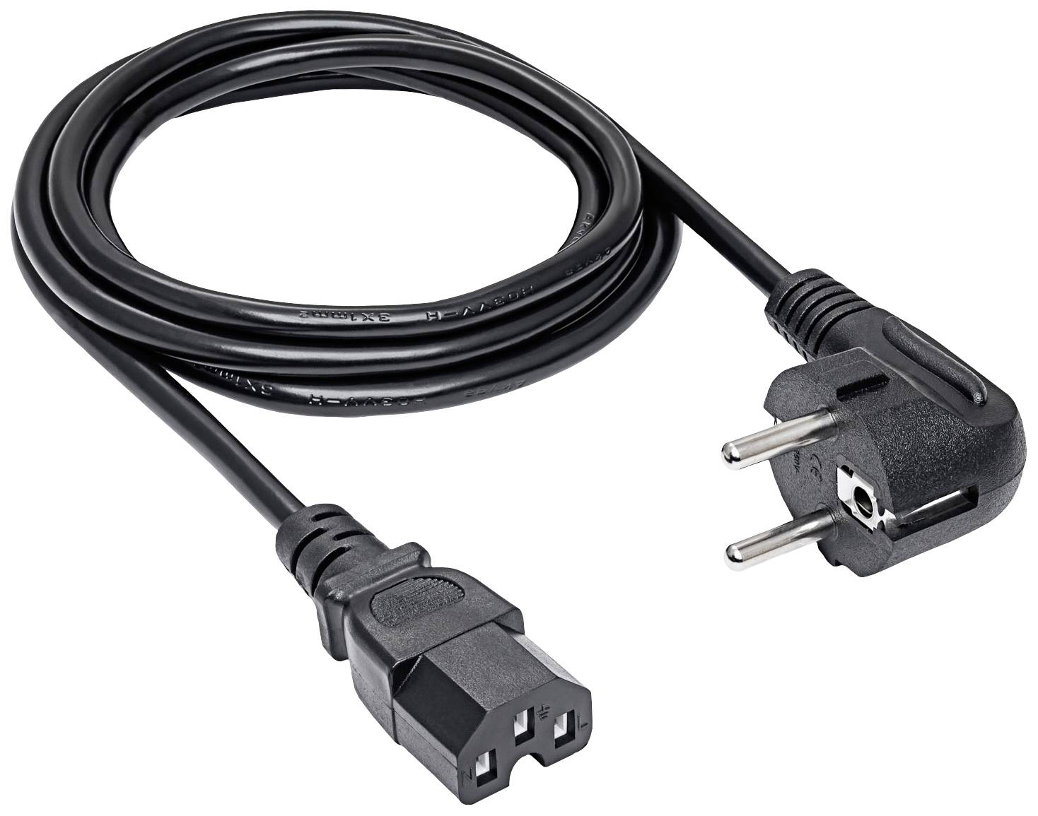 Crni mrežni kabel s dva priključka: lijevo trofazni za uređaje, desno dvopolni mrežni utikač za napajanje strujom.