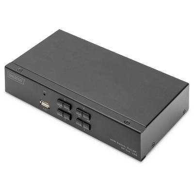 Crna KVM preklopna kutija s četiri gumba za prebacivanje i USB priključkom na prednjoj strani, logotip marke gore lijevo.