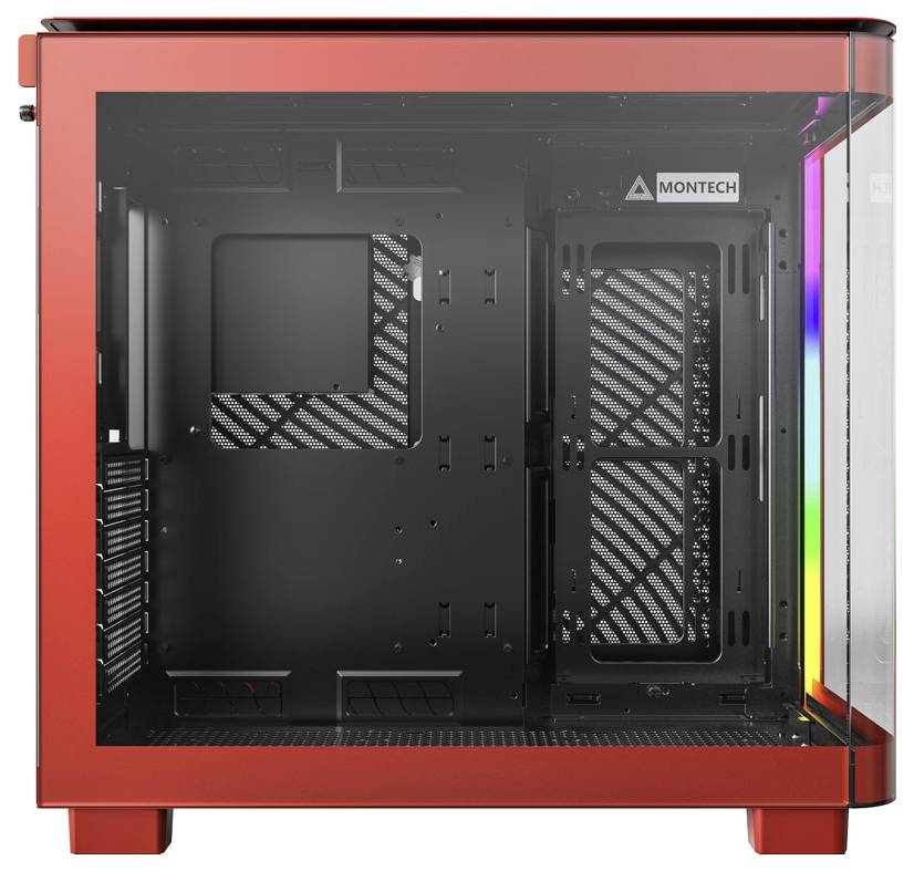 Crveno kućište za PC-e s prozirnim staklenim prozorom, prikazuje unutrašnji izgled bez komponenti, vidljiv Montech logotip, pogodno za gaming sastave.