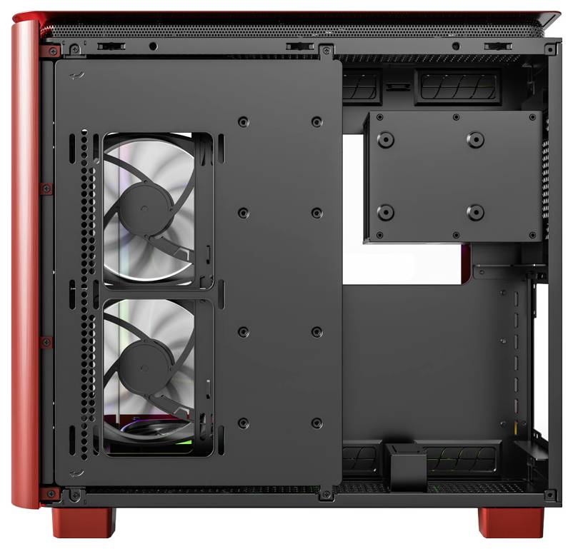 Računalno kućište u crvenoj i crnoj boji s otvorenim bočnim panelom, prikazuje dva ventilatora sprijeda. Pogodno za gaming ili visokoperformansnu gradnju.
